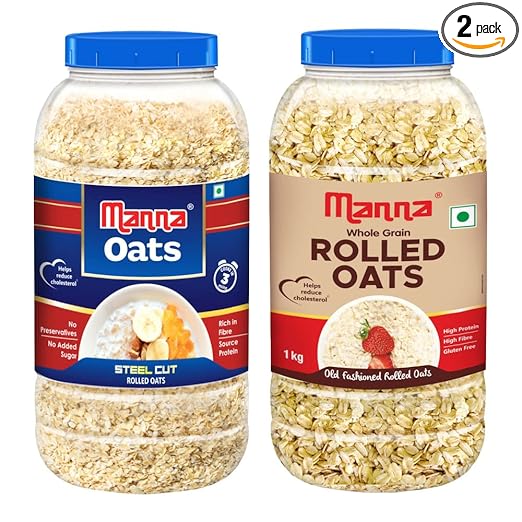 Manna Oats Combo Pack of 2 | Instant Oats 1kg & Rolled Oats 1kg | High in Fibre and Protein | Helps Maintain Cholesterol. Diabetic Friendly | 100% Natural