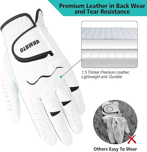 Miniatura 4 de Yamato Paquete de 3 guantes de golf para hombre, guantes duraderos de cuero blanco Cabretta para todo tipo de clima, para golfistas diestros,