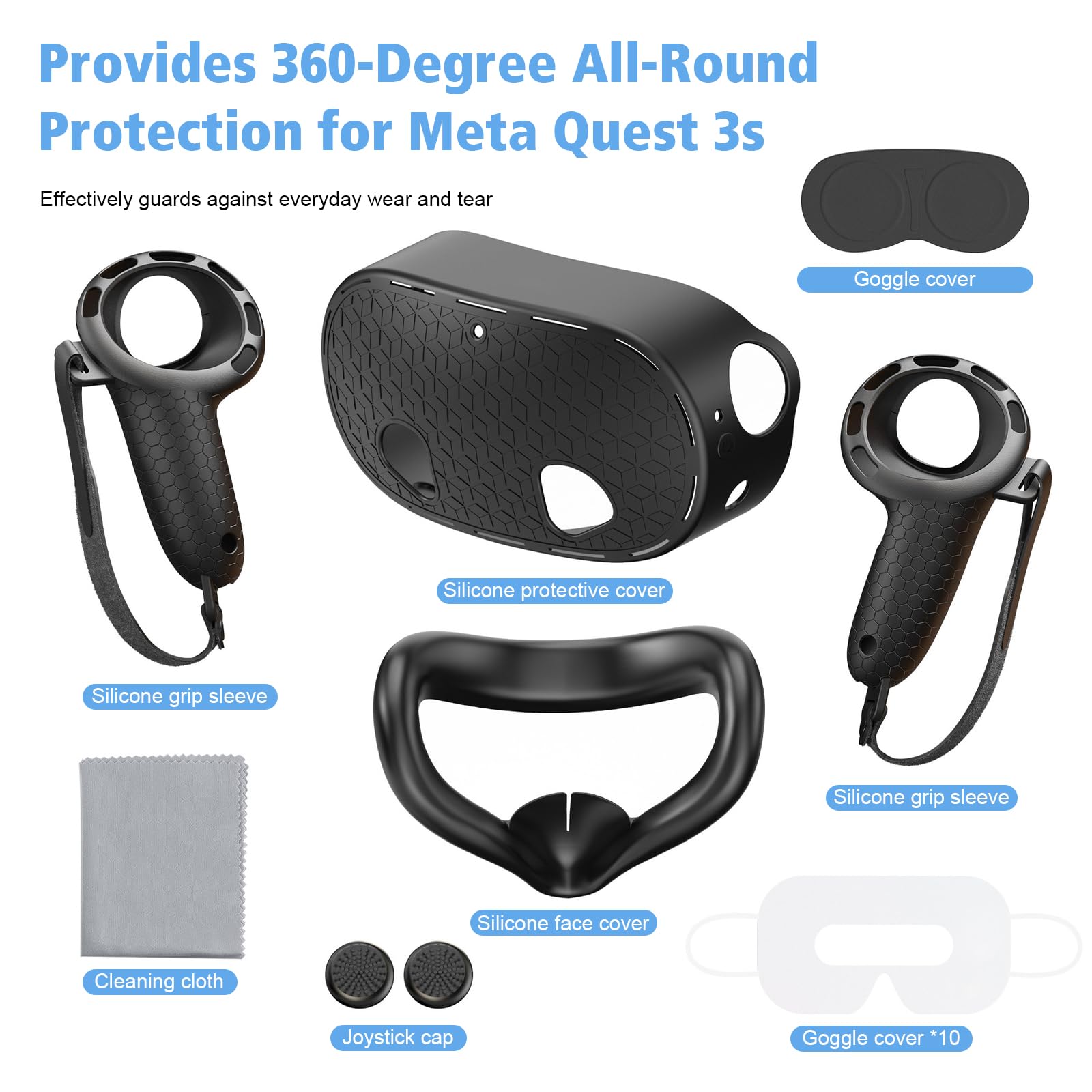 Silikon Cover Set für Meta Quest 3S, 7 Stücke Meta Quest 3S Zubehör Set | Silikon VR Case & Controller Griffe,Silikon Gesichtsabdeckung, Objektivabdeckung, Anti-Rutsch,Stoßdämpfung,Kratzfest