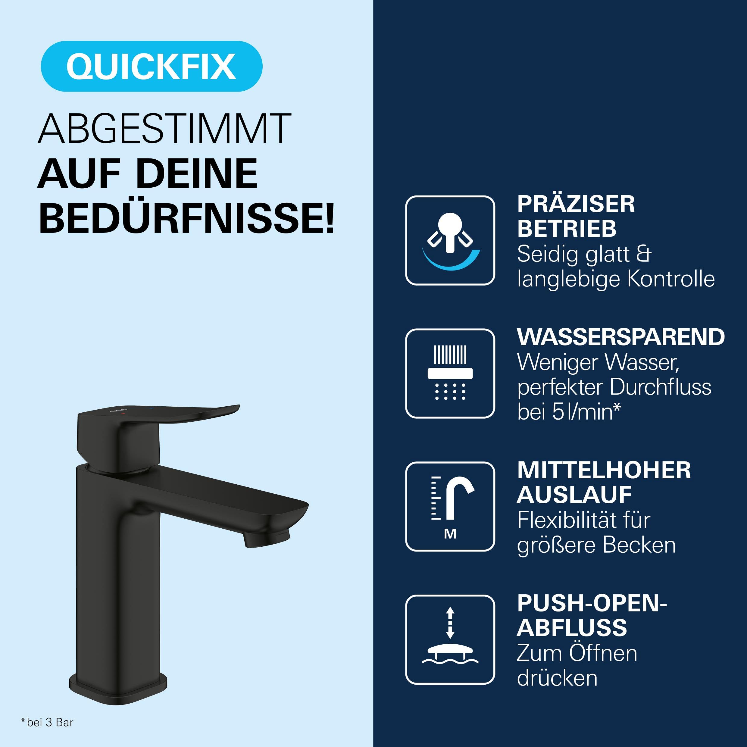 GROHE Dice, Waschtischarmatur, wassersparend (Wasserhahn für das Bad, Badarmatur mit Push-Open Ablauf, 17cm hoch, mit 3in1 Werkzeug, einfache Installation am Waschbecken), mattschwarz, 1018332430