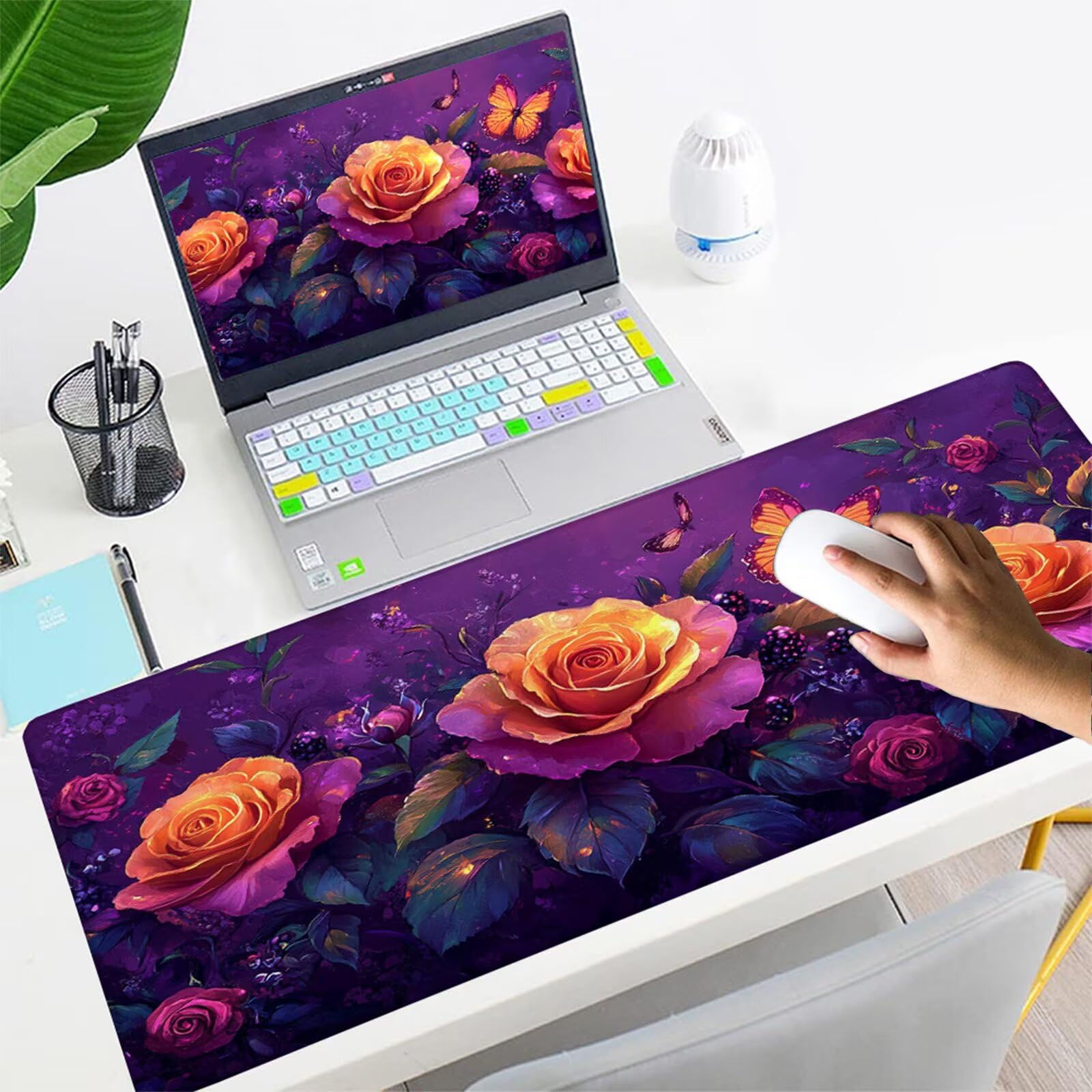 Gamingowa podkładka pod mysz XXL, 1200 x 600 mm, róża, motyle, podkładka na biurko z antypoślizgową gumową podstawą, szyte krawędzie, poprawia prędkość, precyzja, akcesoria gamingowe X1-372