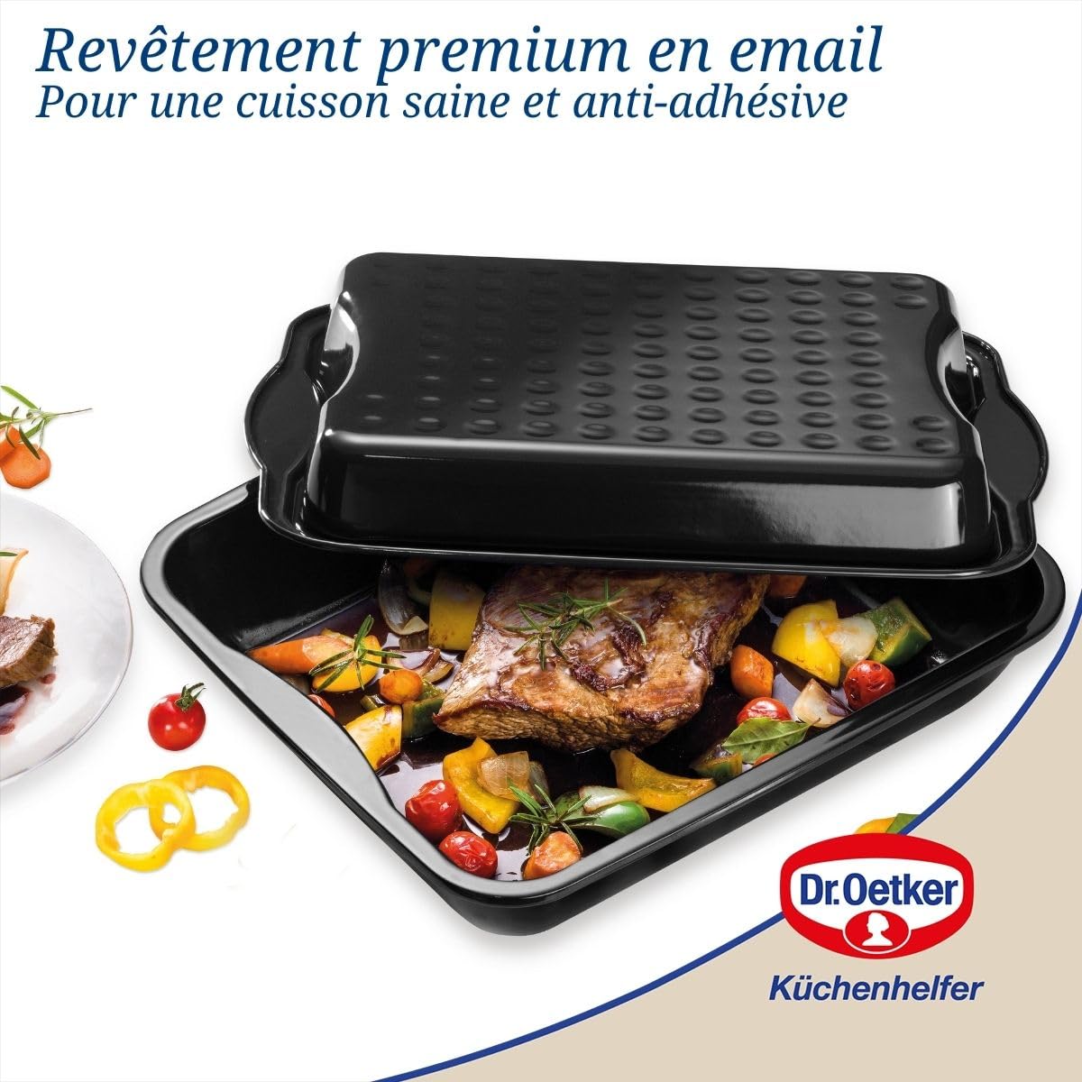 Dr. Oetker 1301 Plat à gratin avec couvercle, plat rectangulaire, plat à four, plat de cuisson four, plat cuisson four, Acier emaille, 42 x 34 x 13 cm