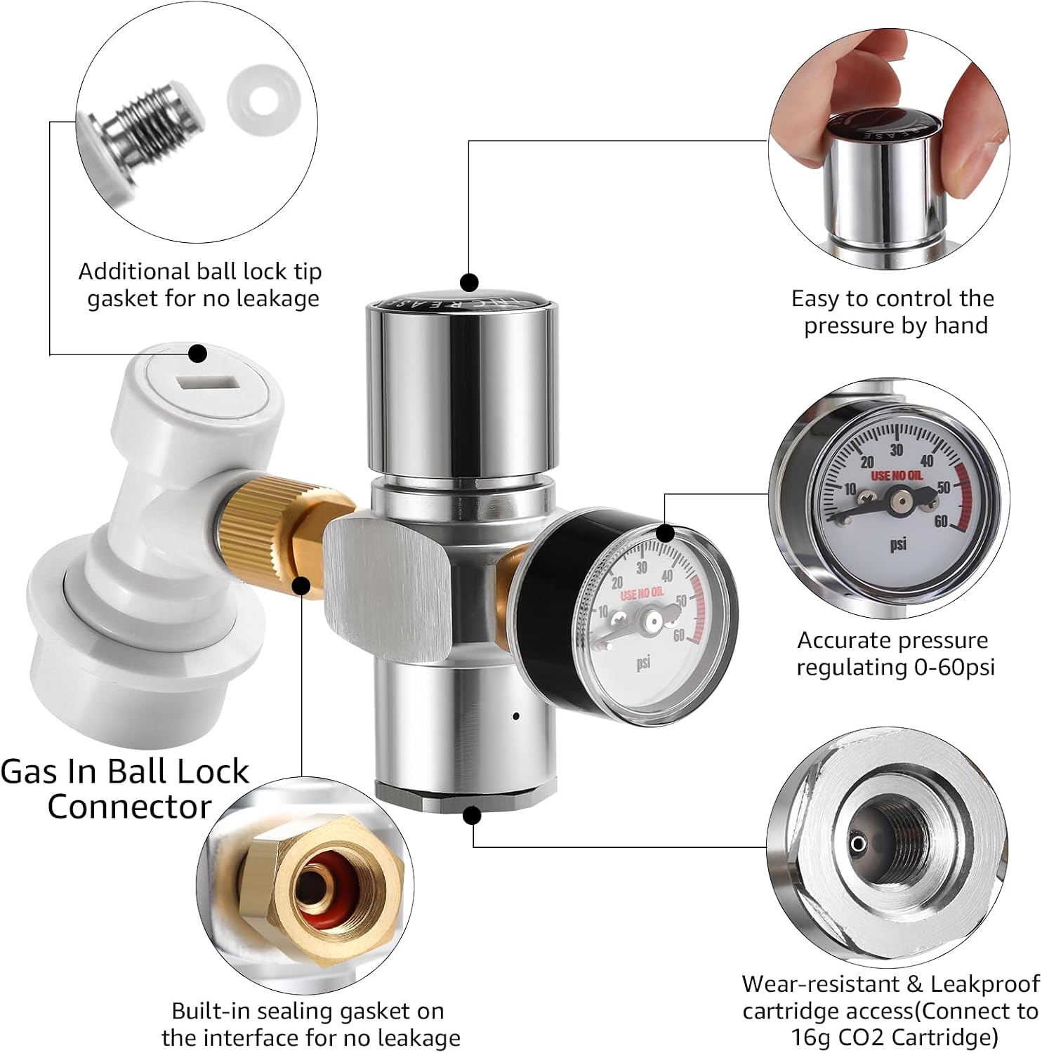 FERRODAY 0-60 PSI Mini Keg Regulator CO2 Charger Portable Beer keg Regulator Mini Barrel Regulator Cornelius Corny Beer Growler CO2 Regulator 3/8 Adapter W/Ball Lock