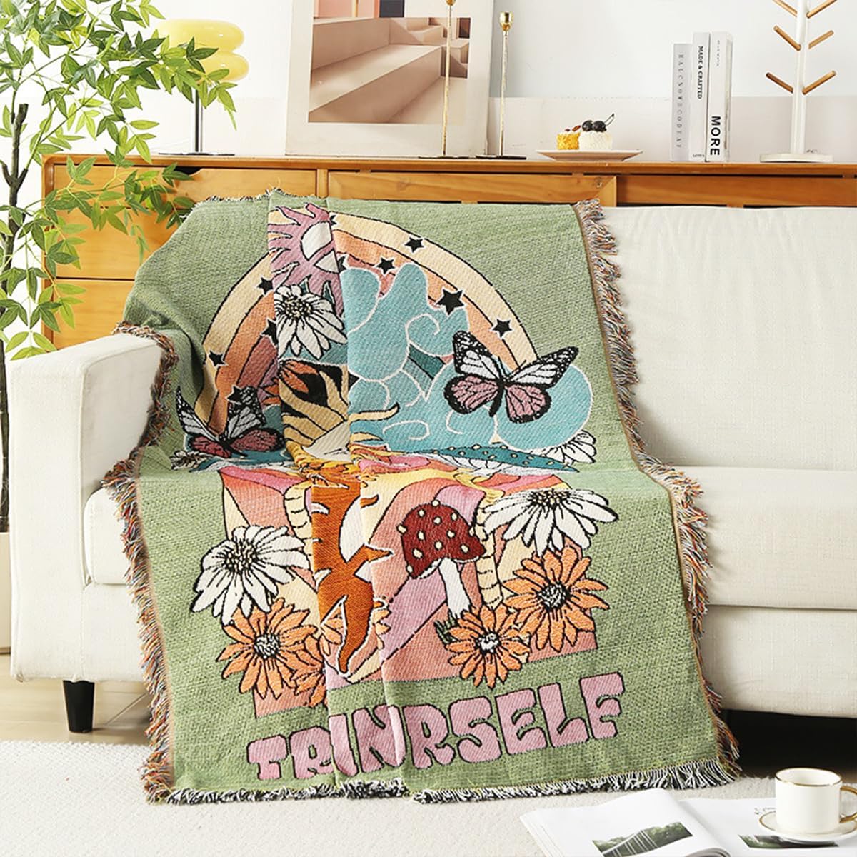 Double-Sided Cotton Woven Throw Blanket with Tassel Jungle Bohemian Style Tapestry Shawl Multi-Function Decorative Throws for Sofa Bed Armchair Camping Blanket Tablecloth Carpet 160x130cm - Image 2