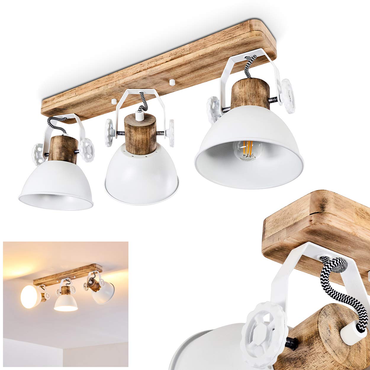 Orny Ceiling Light, Metal/Wood Ceiling lamp in White/Brown, 3-Flame, with Adjustable spotlights, 3 x E27 Socket, Retro/Vintage Design Spotlight, Bulbs not Included