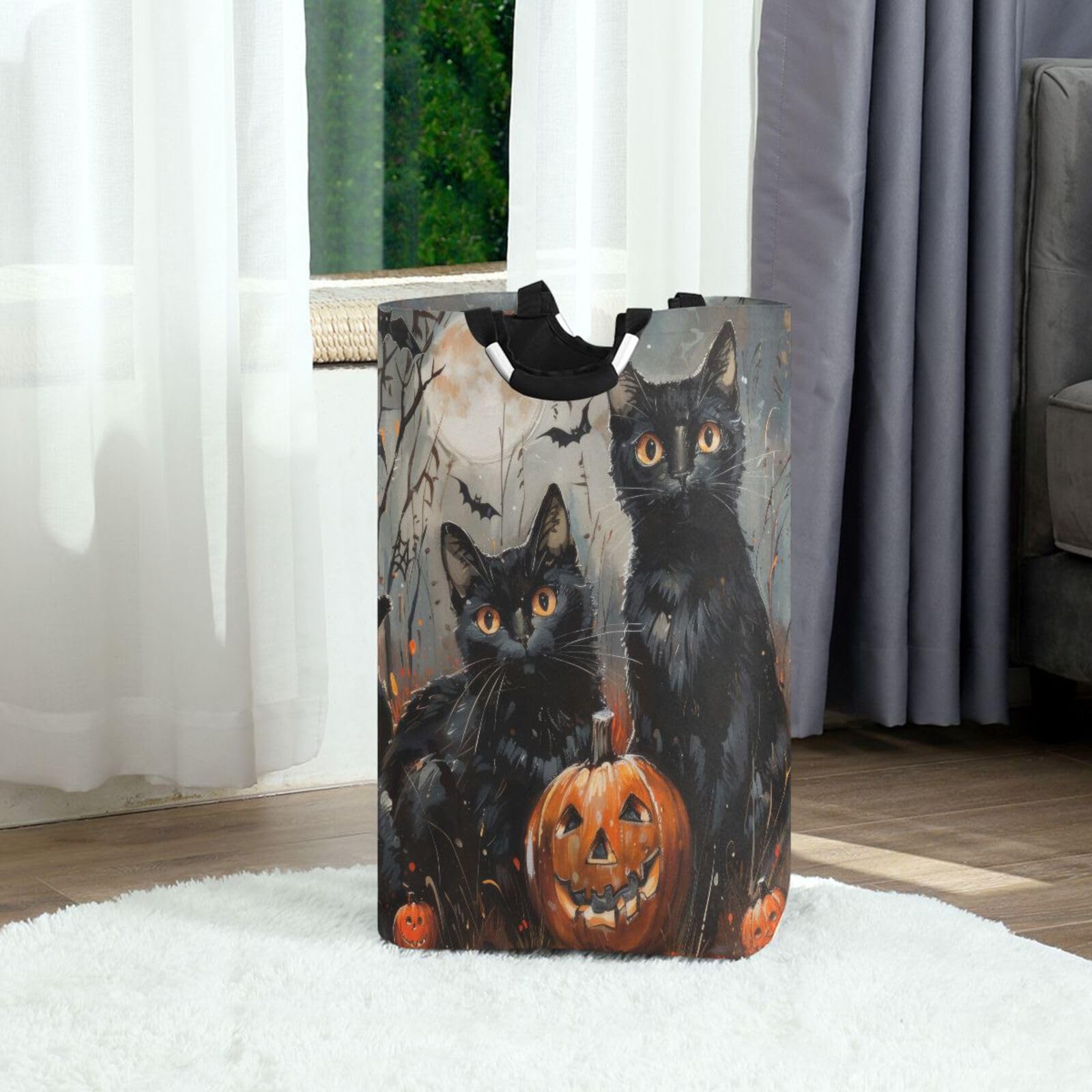 Jihqo Laundry Hamper Basket Halloween Black Cats Collapsible Nursery Storage Bin Waterproof Clothing Baskets for Home Bedroom Bathroom Washing Room