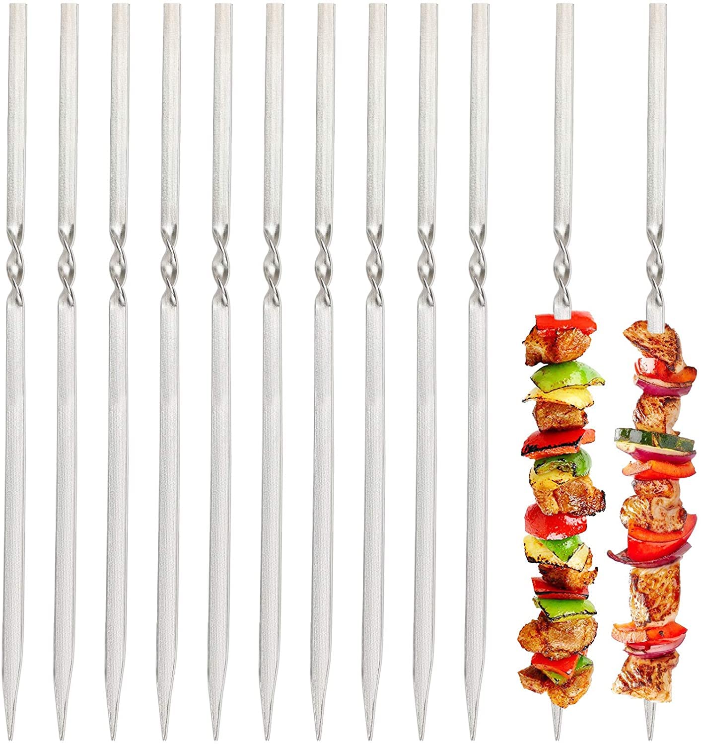 HIKIZIKI 12PCS Kabob Skewers Flat Metal BBQ Barbecue Skewer 14" Long Stainless Steel Shish Kebob Sticks Wide Reusable Grilling Skewers Set for Meat Shrimp Chicken Vegetable (B09V56LJV2) Amazon Price History, Amazon Price Tracker