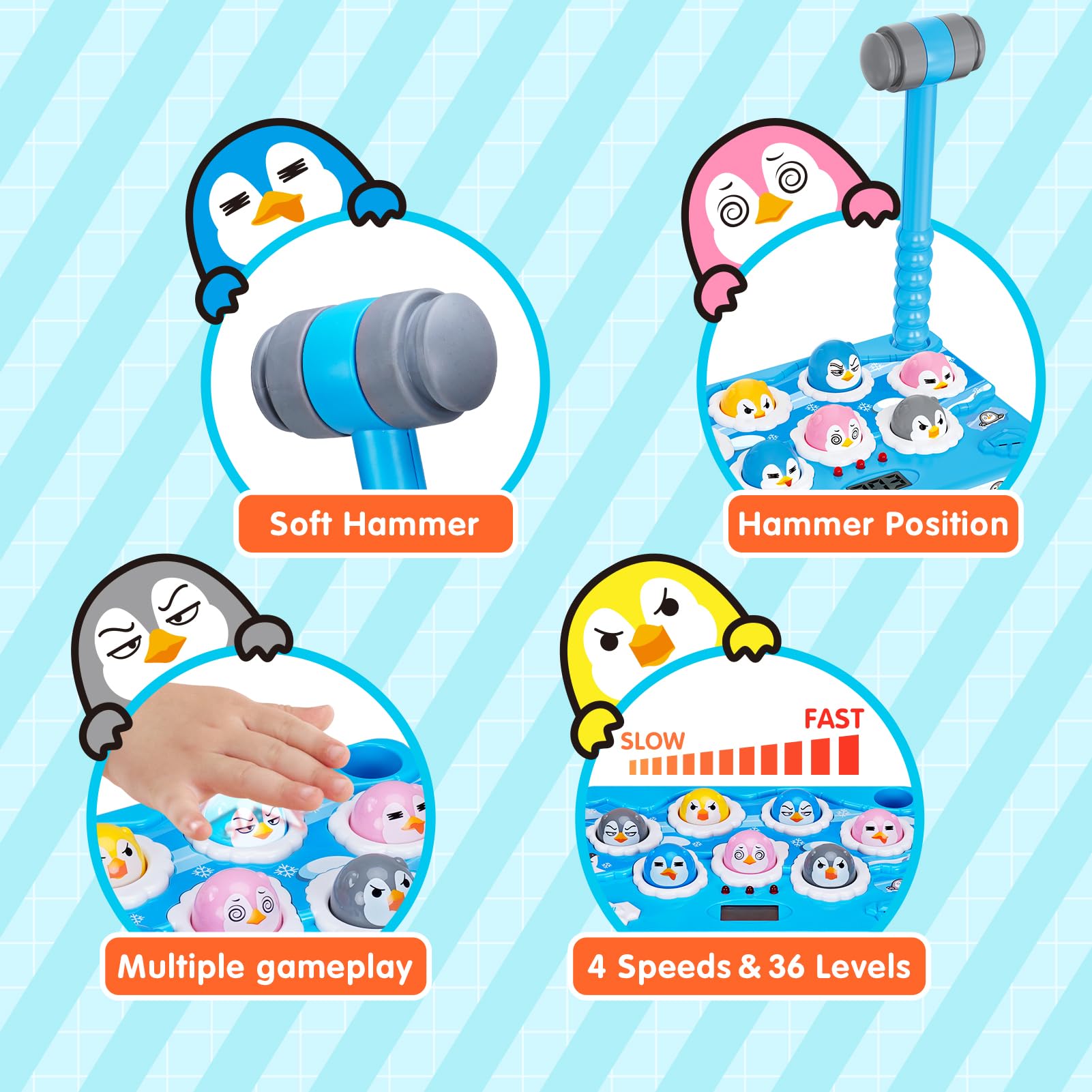 FS Pounding Toys, Penguin Pounding Game for Toddler, Interactive Music Toys for Kids Ages 3-5 Years Old Boys and Girls, Game Toy with 2 Hammers, 36 Levels