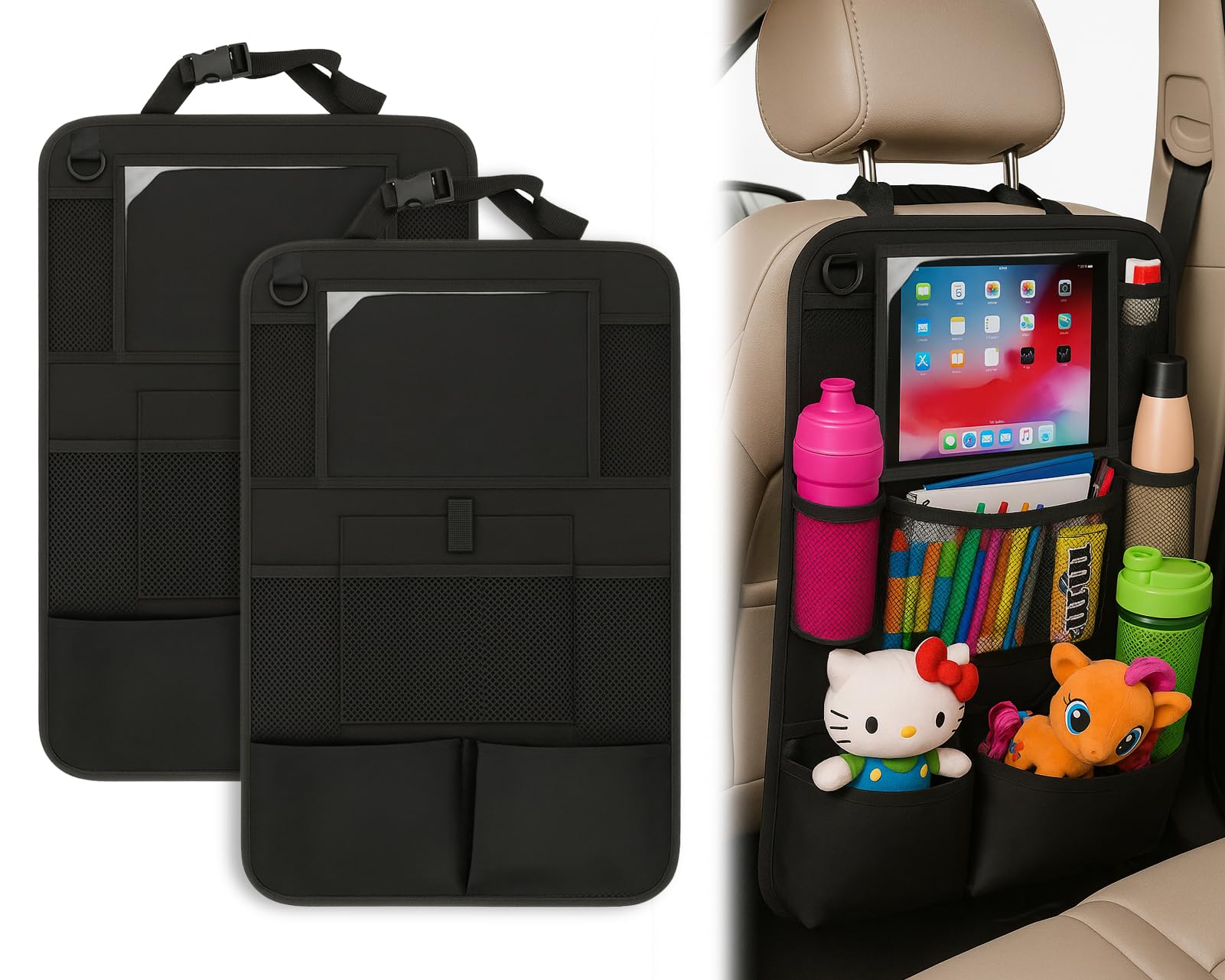 ds. distinctive style Car Backseat Organizer Back Seat Storage With Touch Screen Tablet Sleeve 9 Pockets Kick Mats Water Resistant Travel Organizer For Daily Travel 2 Pack Black
