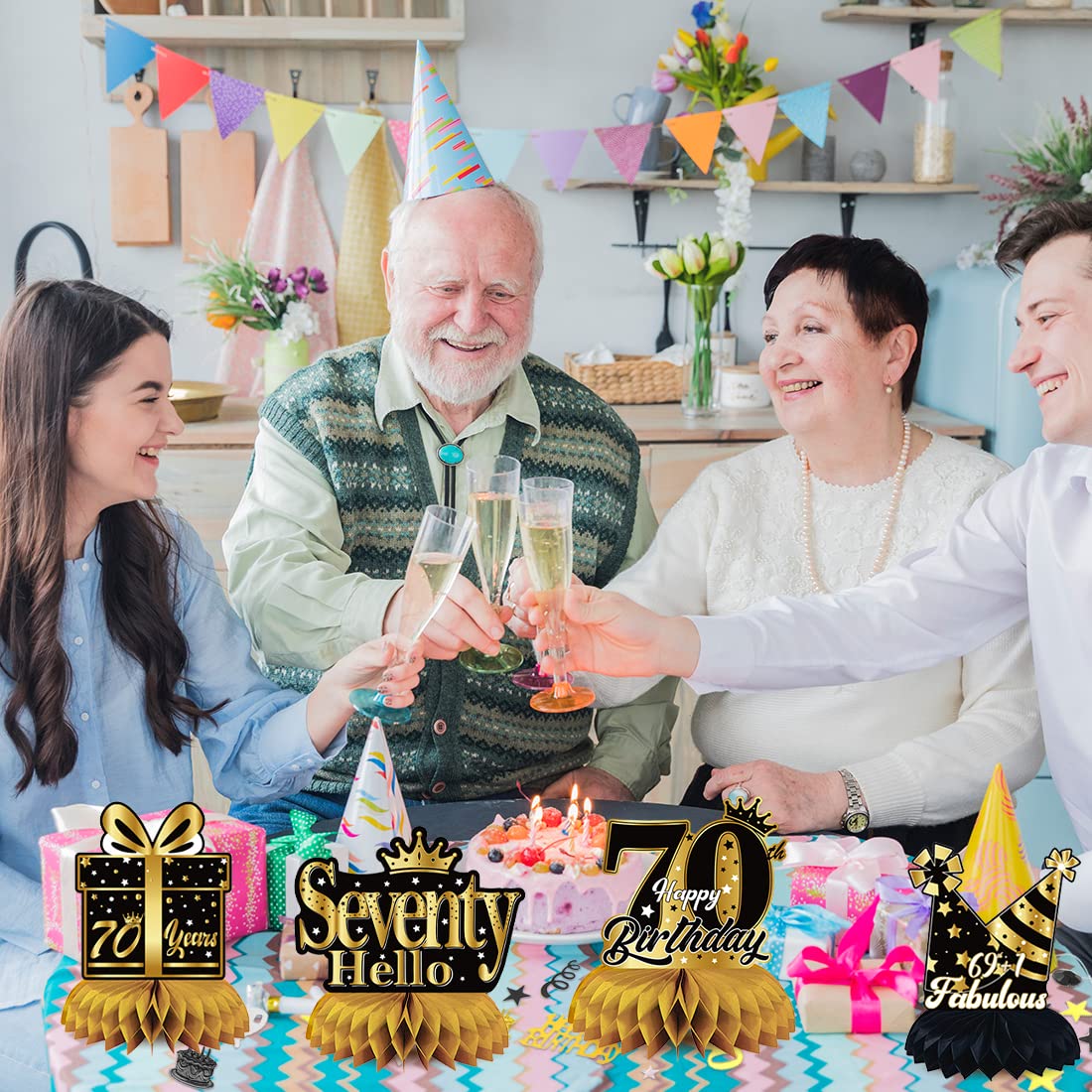 Centrotavola Compleanno 70 Anni - 9 Pezzi A Nido D'Ape Con Coriandoli, Oro E Nero - Foto 12