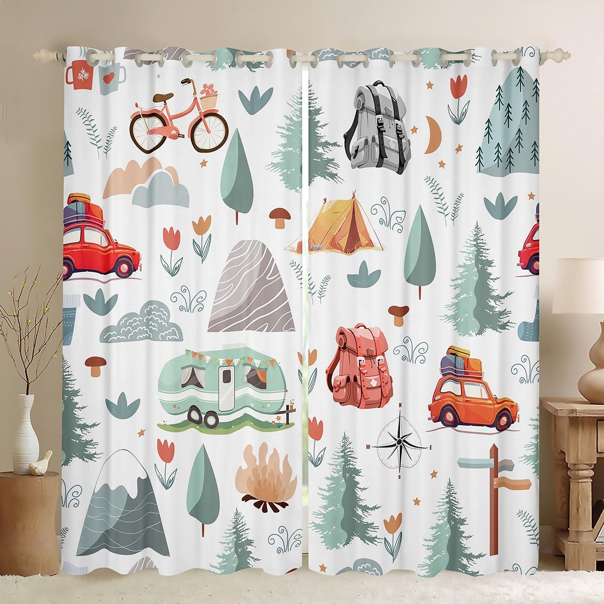 Camper Theme Blackout Curtains For Living Room, Happy Camping Curtains, Travel Car Rv Accessories Window Curtains Drapes, Botanical Flowers Mountain