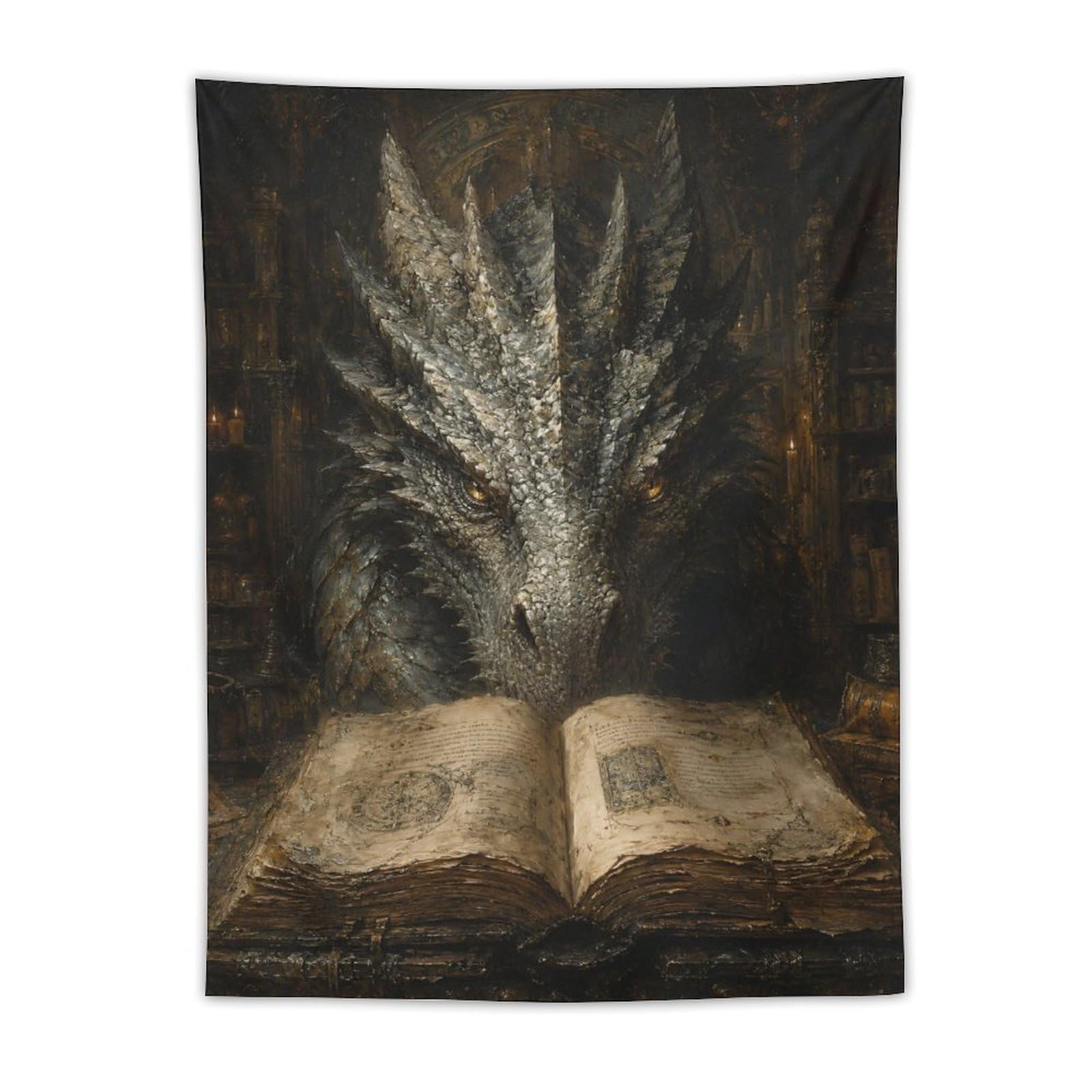 W7C8U2X3 Dark Dragon Magic Book Wall Tapestry, Surrealist Style, Backdrop