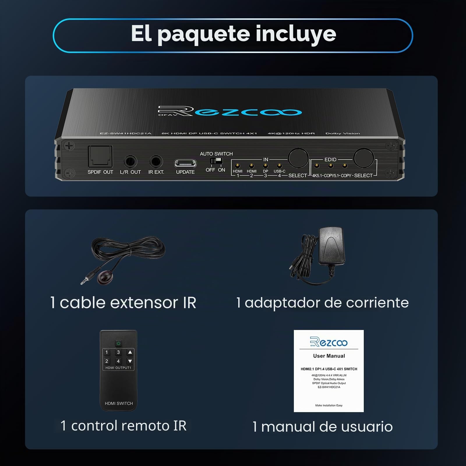 Conmutador HDMI 2.1 4K a 120Hz 4x1 USB C DP1.4 de 4 puertos con extractor de audio (óptico y salida de 3.5 mm) VRR ALLM HDCP 2.3 HDR Dolby Vision/Atmos Audio óptico para PS5, Xbox, juegos, control