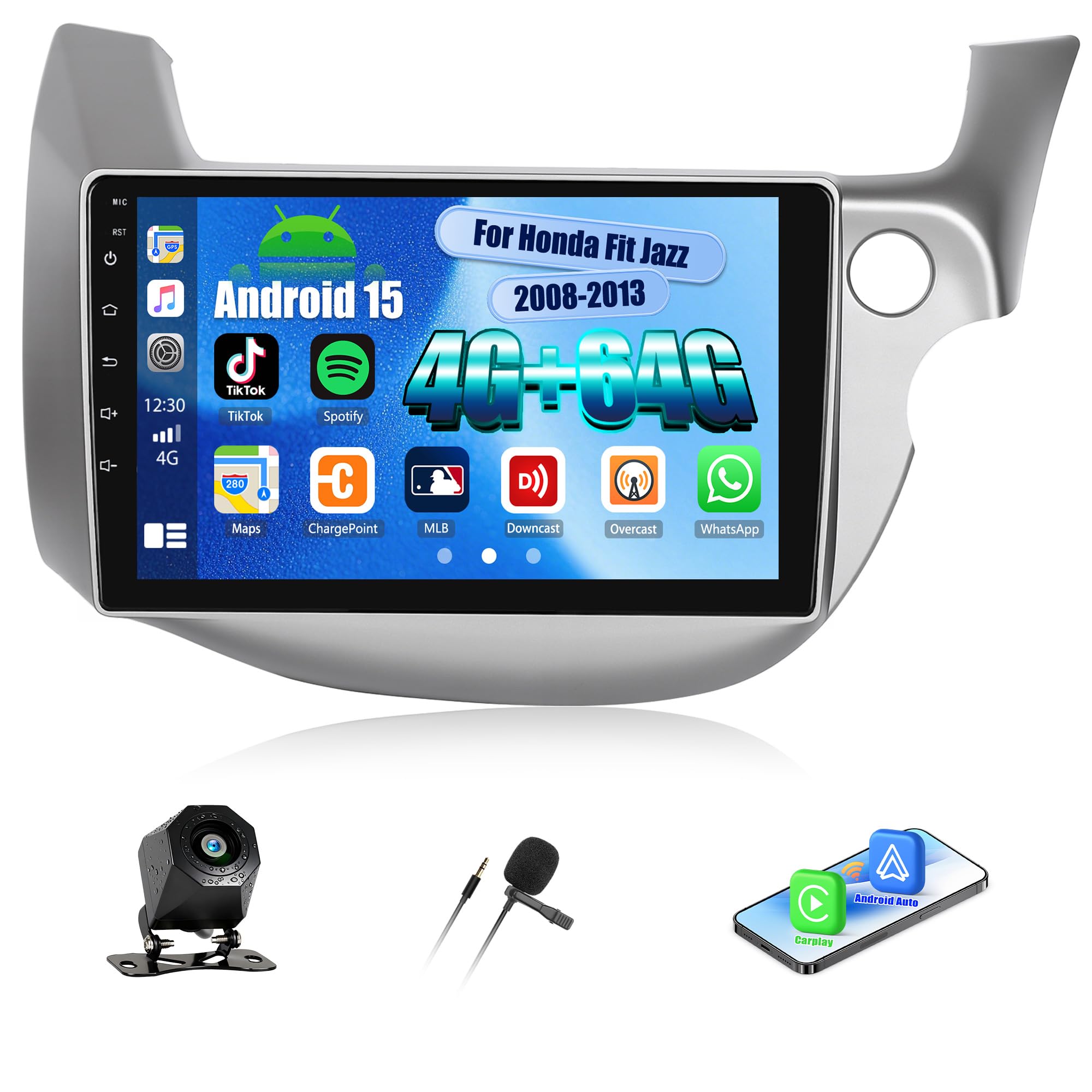 SIXWIN 4GB+64GB Android 15 Autoradio per Honda Fit Jazz 2008-2013, Schermo HD 10.1 Pollici, Wireless CarPlay e Android Auto, WiFi, GPS, Mirror Link, Bluetooth 5.0, FM/RDS con Telecamera Posteriore