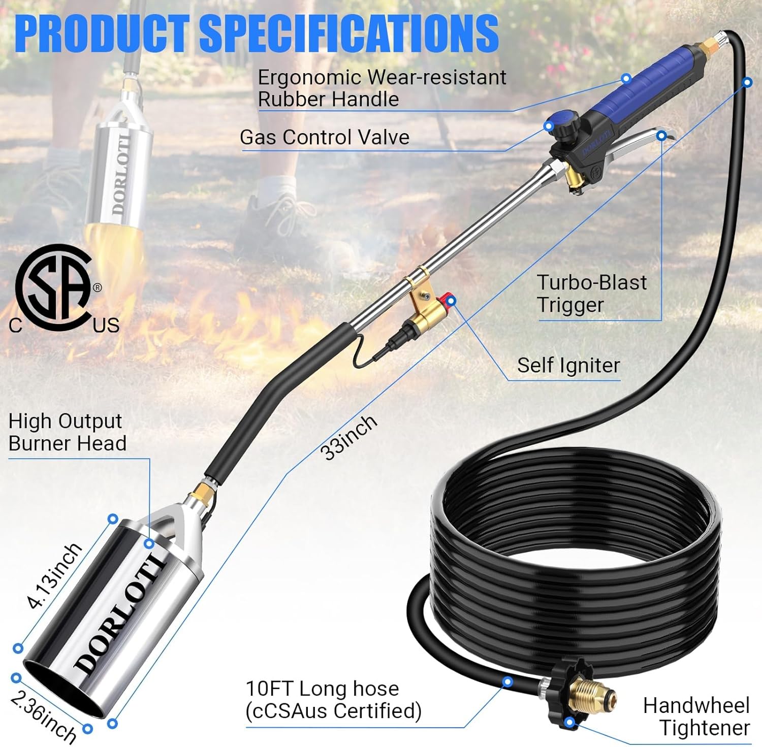 Propane Torch Weed Burner, Blow Torch with Storage Bag, High Output Flame Torch with 10FT Hose, Heavy Duty Flame Weeder with Igniter for Garden, BBQ