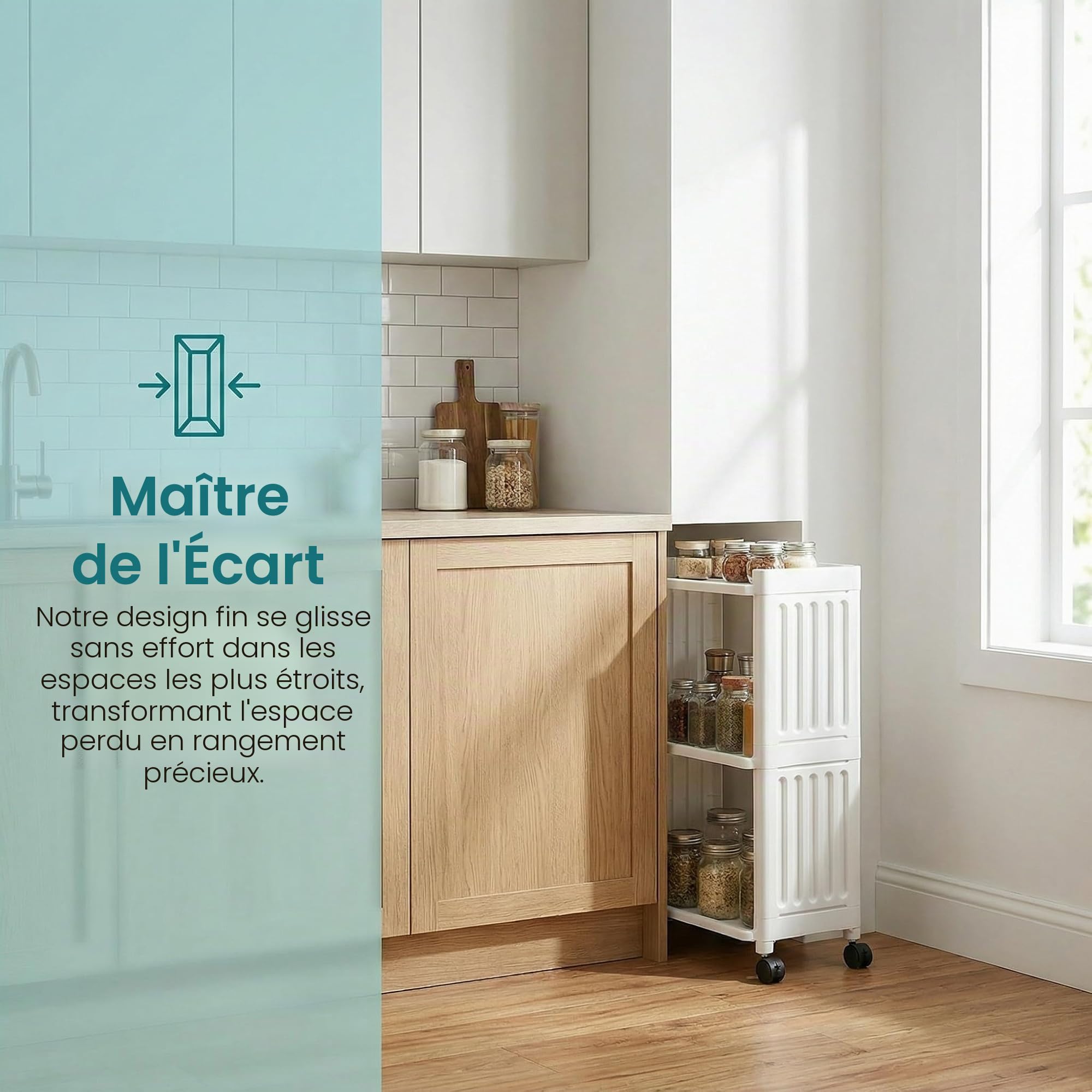 Chariot de bricolage Étagère à roulettes étroite Chariot de rangement en plastique à 3 étages avec 4 roues Chariot de salle de bain Cuisine Étagère de salle de bain pour salon Bureau Chariot