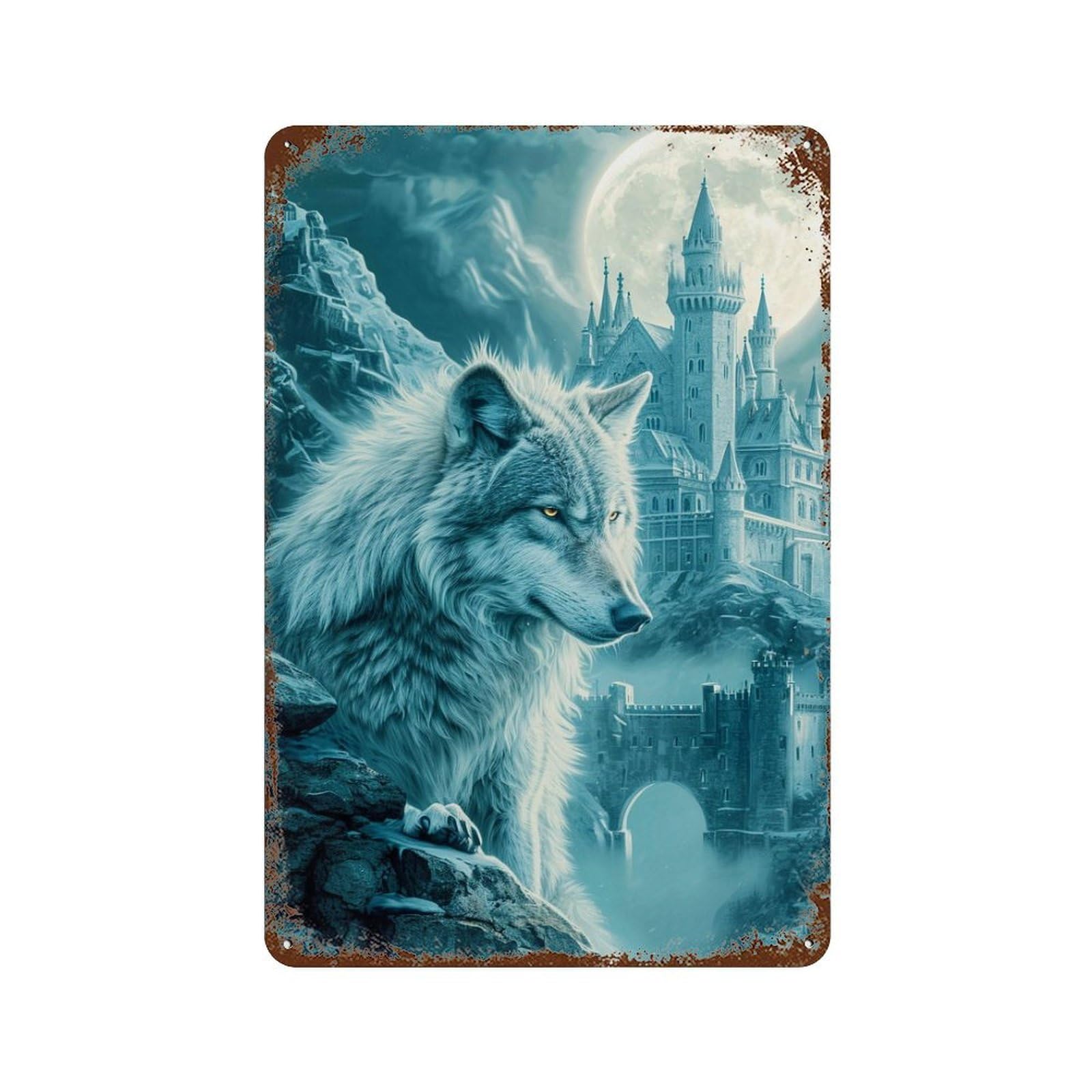 Vintage Rust Metal Sign with Wolf Castle Moon Night Fantasy Design 11.8"x7.9", for Office, Studio And Wall Decor, Farmhouse Wall Decor