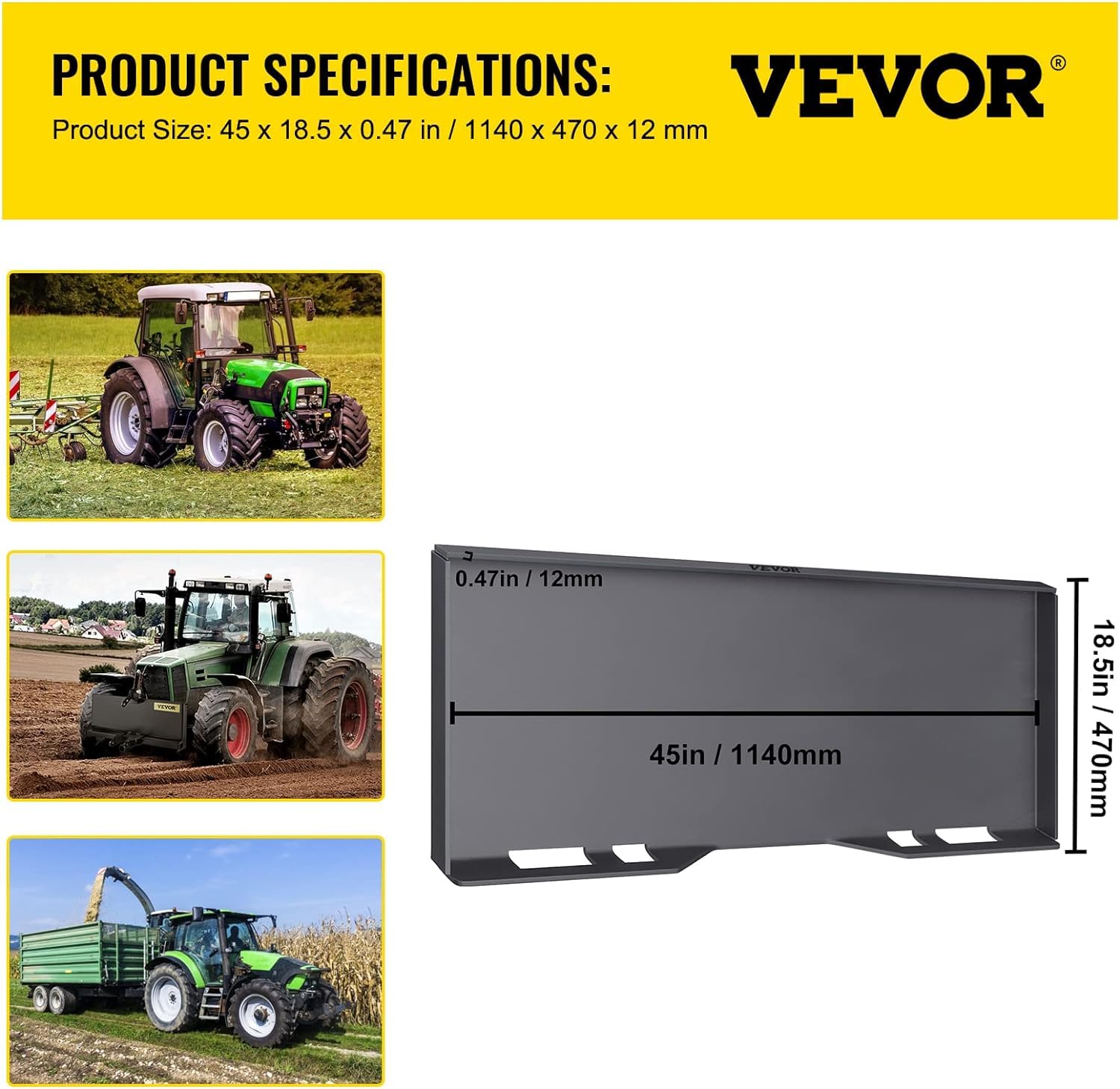 VEVOR Plaque de Montage Universelle à Fixation Rapide Épaisseur 12 mm Plaque de Fixation 1176x470x70 mm en Acier avec 3 Baguettes de Soudage pour Tracteur Chargeuse John Deere Kubota Bobcat Mahindra