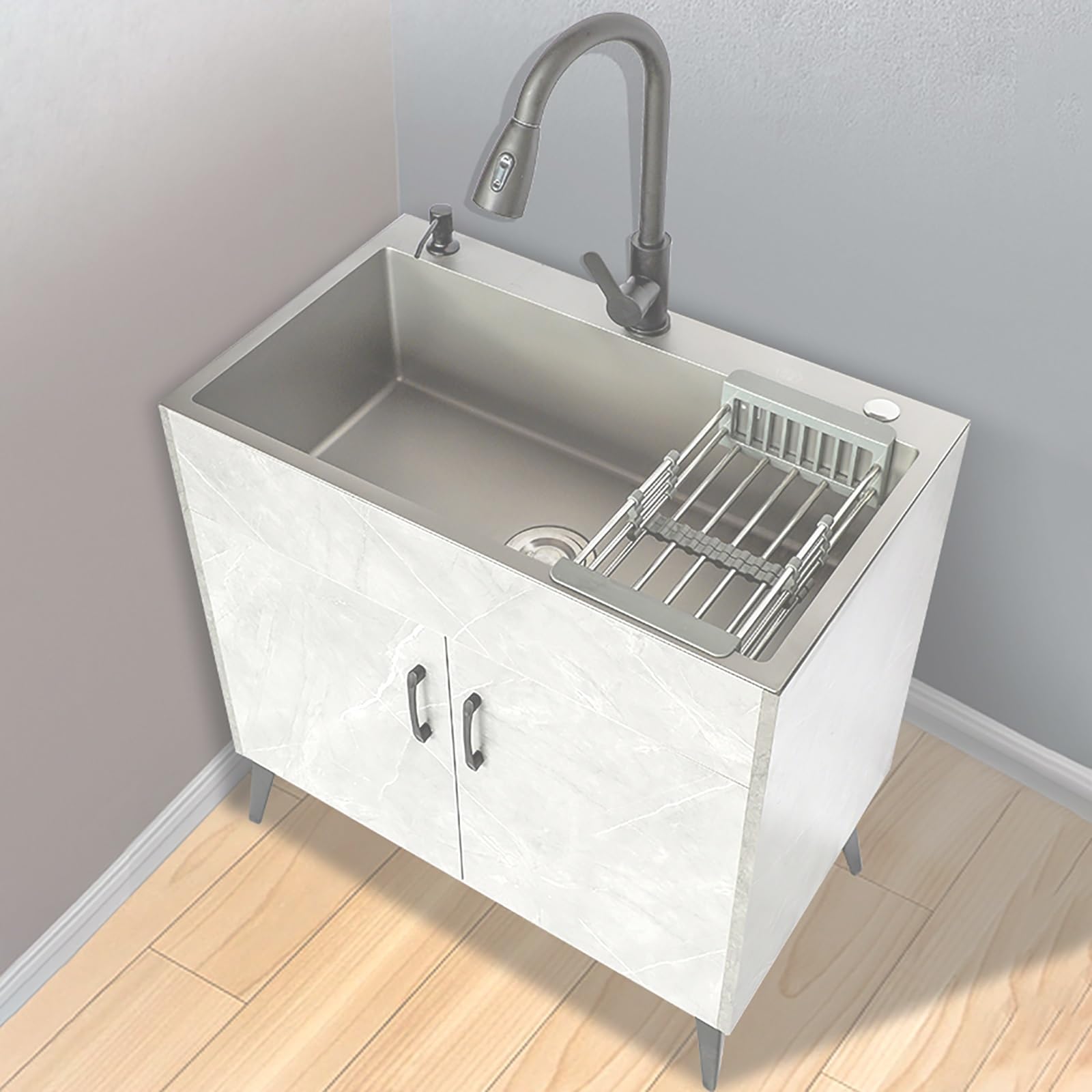 ZQFHSX Stainless Steel Utility Sink with Cabinet - Free Standing Commercial Kitchen for Restaurant Bathroom Laundry Farmhouse Catering (Milk Color)