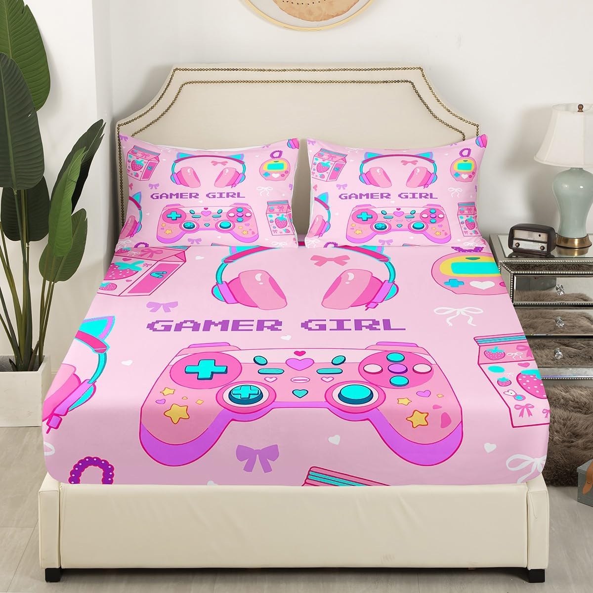 Feelyou Cartoon Gamer Girl Bedding Sheets Twin Cute Pink Gamer Bed Sheet Set for Kids Teens Cat Headphones Fitted Sheet Game Room Decor Bed Cover 2Pcs,1 Fitted Sheet+1 Pillow Sham（No Flat Sheet）