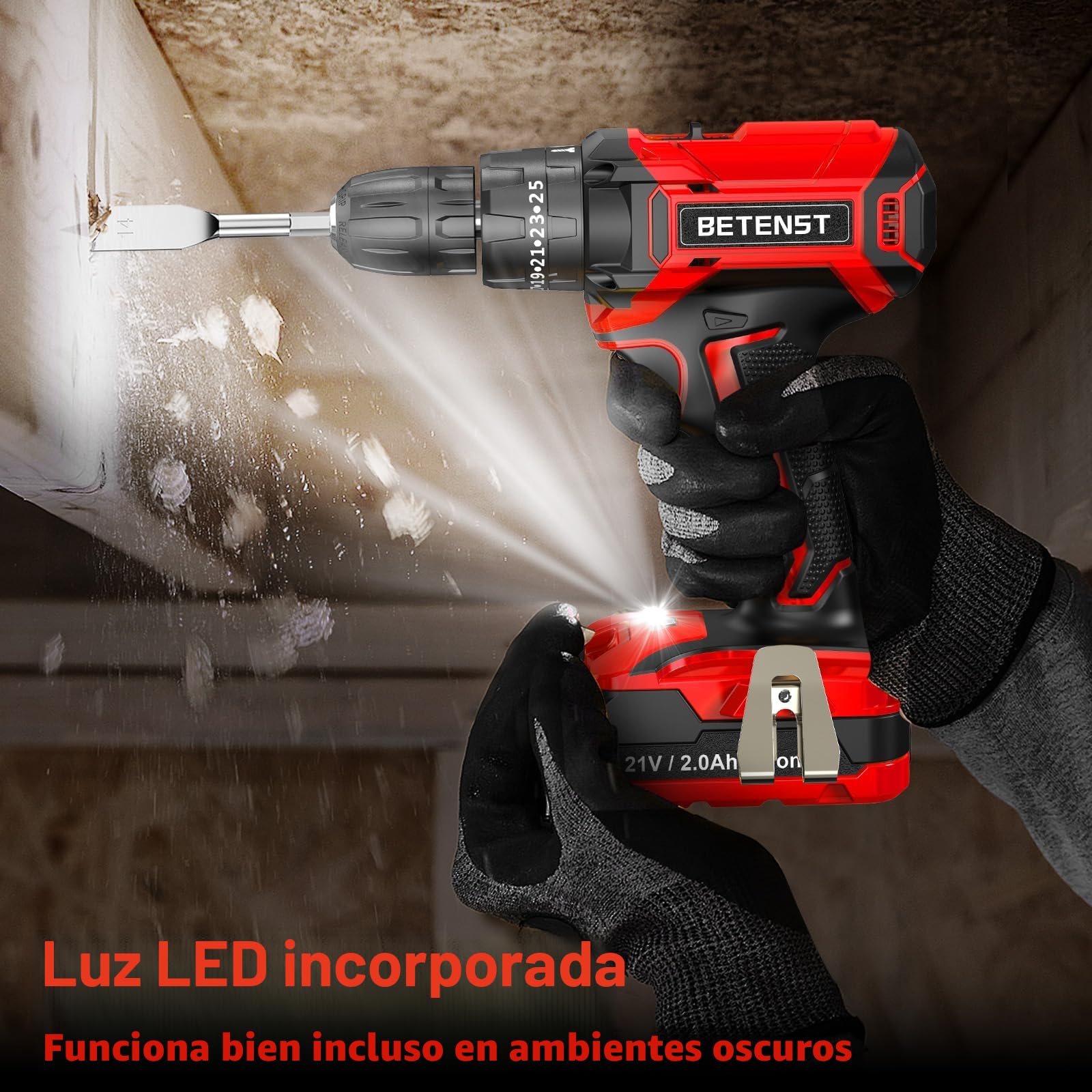 BETENST Taladro Percutor a Bateria 21V, Taladro Atornillador Bateria 42Nm con Baterías 2.0Ah, 25+3 Ajuste de Par Destornillador Electrico, 23 Accesorios, Portabrocas de 10mm Para Hogar, Bricolaje