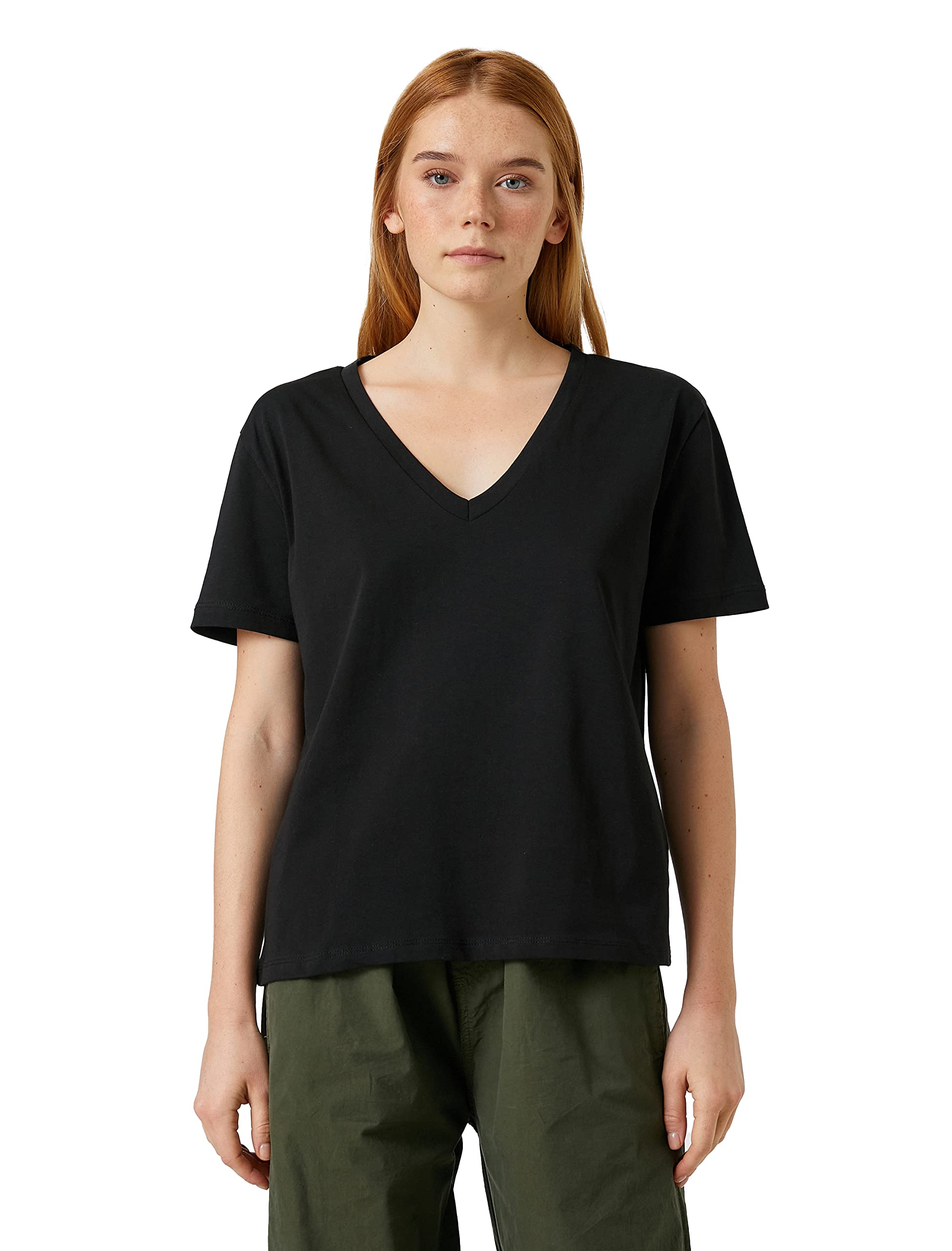 Koton Women's Basic V Neck Short Sleeve T-Shirt, Black (999), M