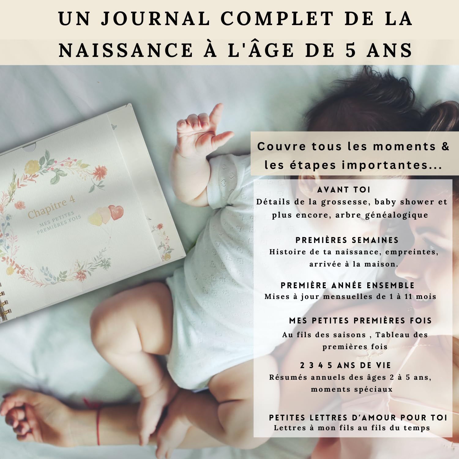 Livre de naissance bébé - Album de 150 Pages pour coller vos Photos et Ecrire tous les souvenirs des 5 premières années - Cadeau de naissance fille ou garçon idéal - Journal de future maman