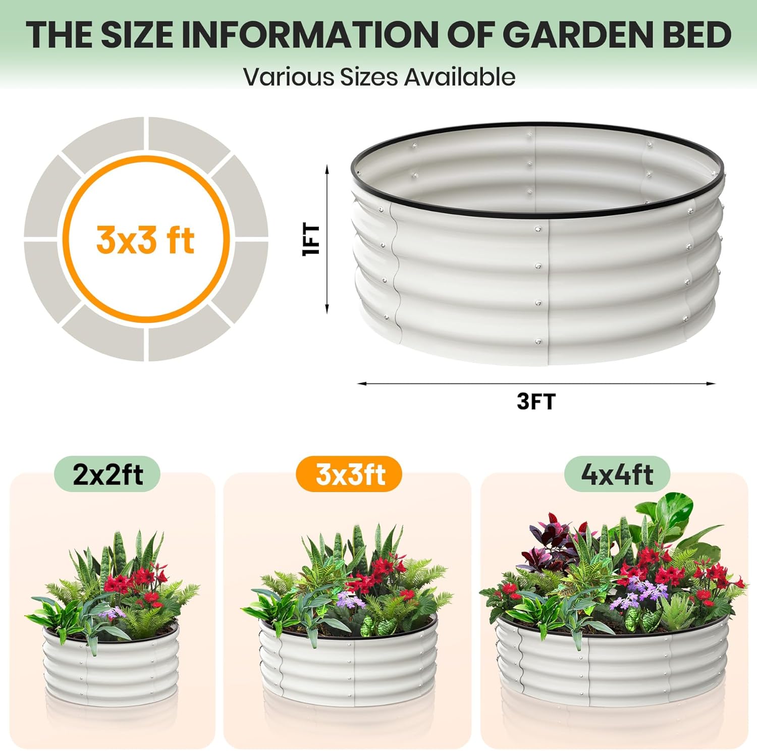 GarveeLife Raised Garden Beds Outdoor, 2 Pack 3x3x1 ft Galvanized Raised Garden Bed for Gardening, Round Metal Planter Box for Planting Plants Vegetables and Flower, White