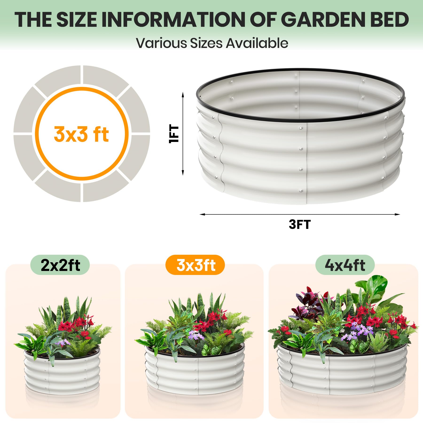 GarveeLife Raised Garden Beds Outdoor, 2 Pack 3x3x1 FT Galvanized Raised Garden Bed for Gardening, Round Metal Planter Box for Planting Plants Vegetables and Flower, White