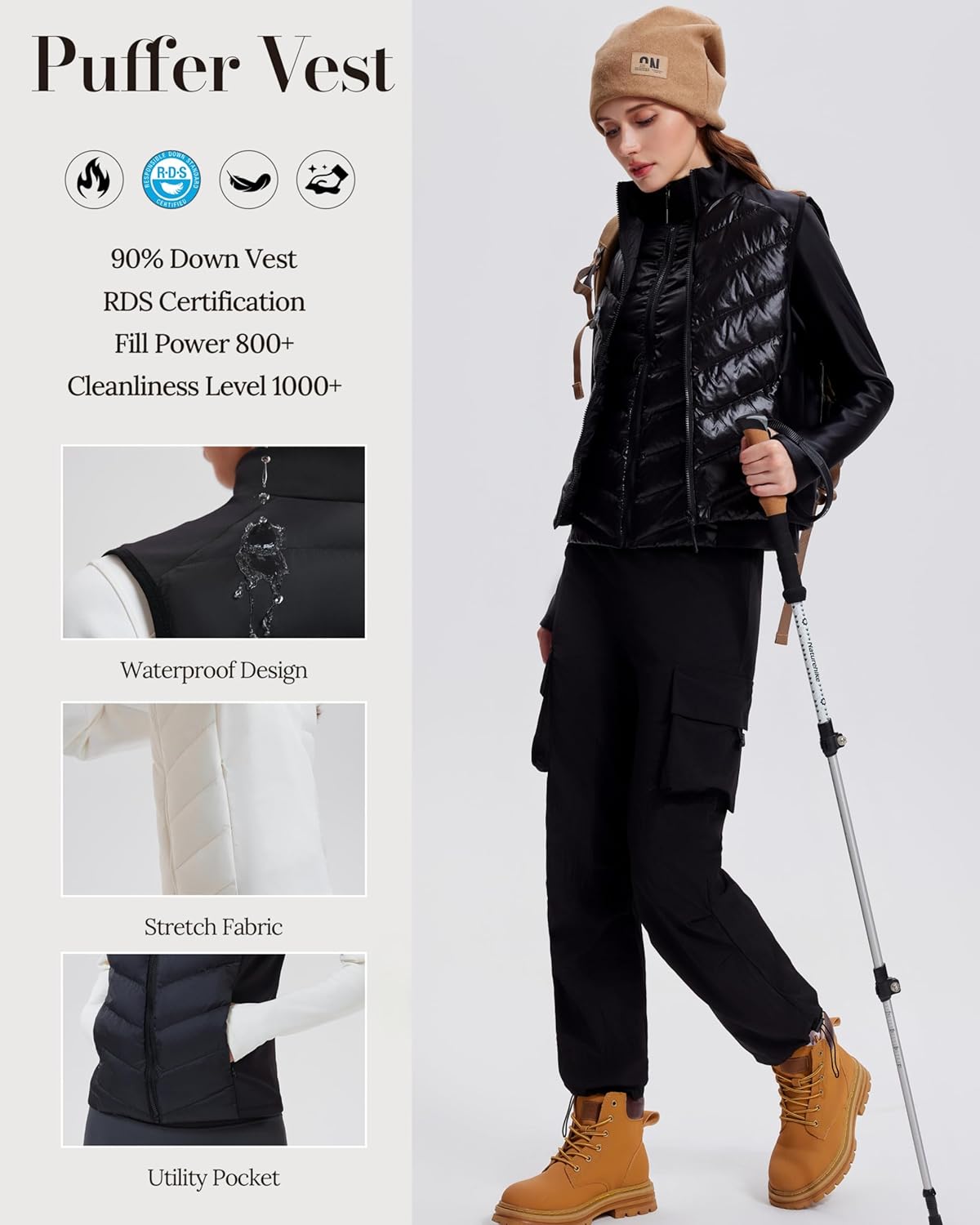 AFZ Women's Lightweight Puffer Vest 800FP Winter Down Vest Sleeveless Quilted Water Resistant Running Jacket - Image 3