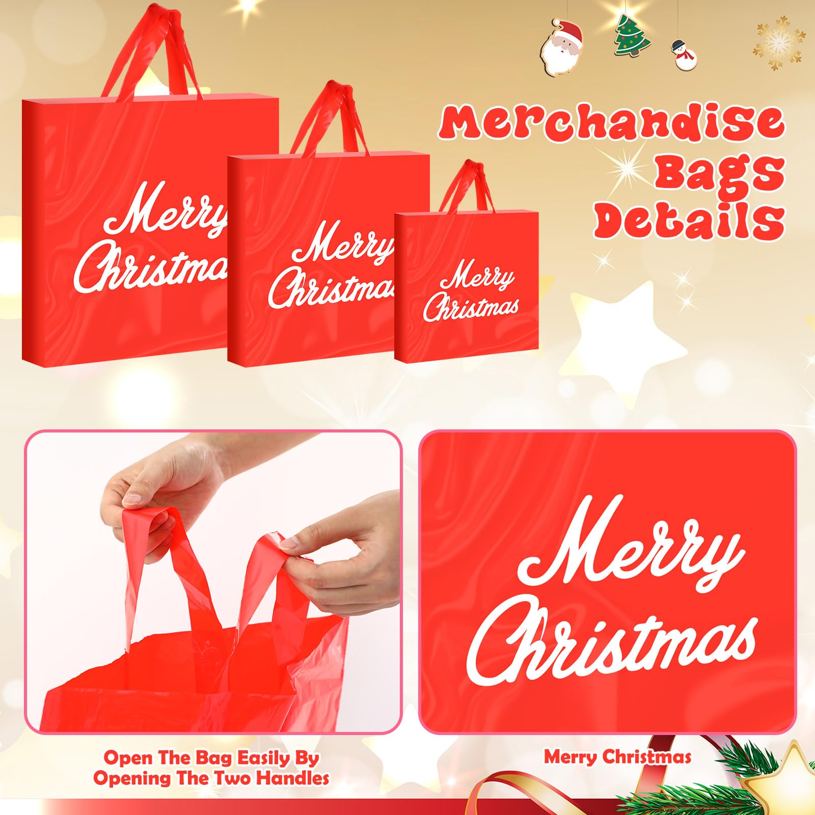 Teling Lot de 120 sacs cadeaux de Noël avec poignée - 3 tailles - Multifonctionnels - En plastique - 15,2 x 20,3 cm - 22,9 x 30,5 cm - 30,5 x 38,1 cm - Pour fournitures de fête de Noël, affaires