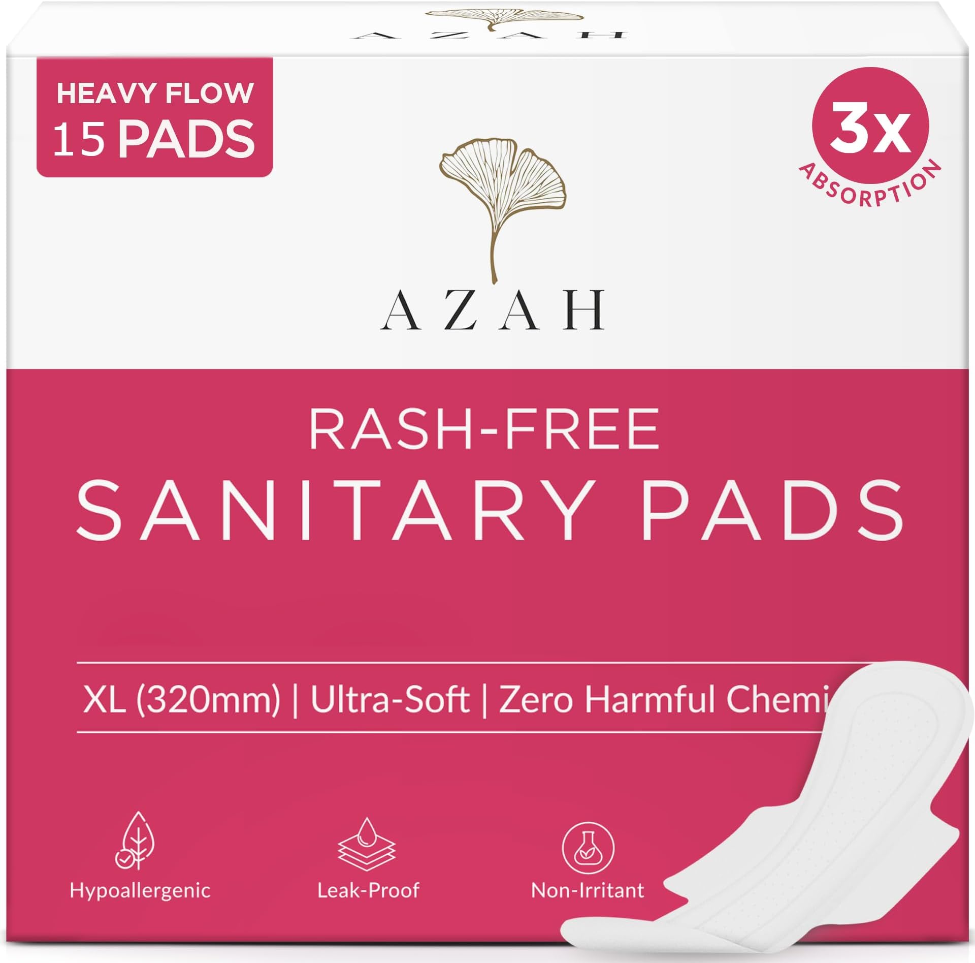 AZAH Sanitary Pads for Women XL [Pack of 15] 100% Rash-Free sanitary napkins | 3x More Absorption, Cottony Soft and Dry Top Cover for heavy Flow | Toxin Free, Locks Odour, Leak-Proof