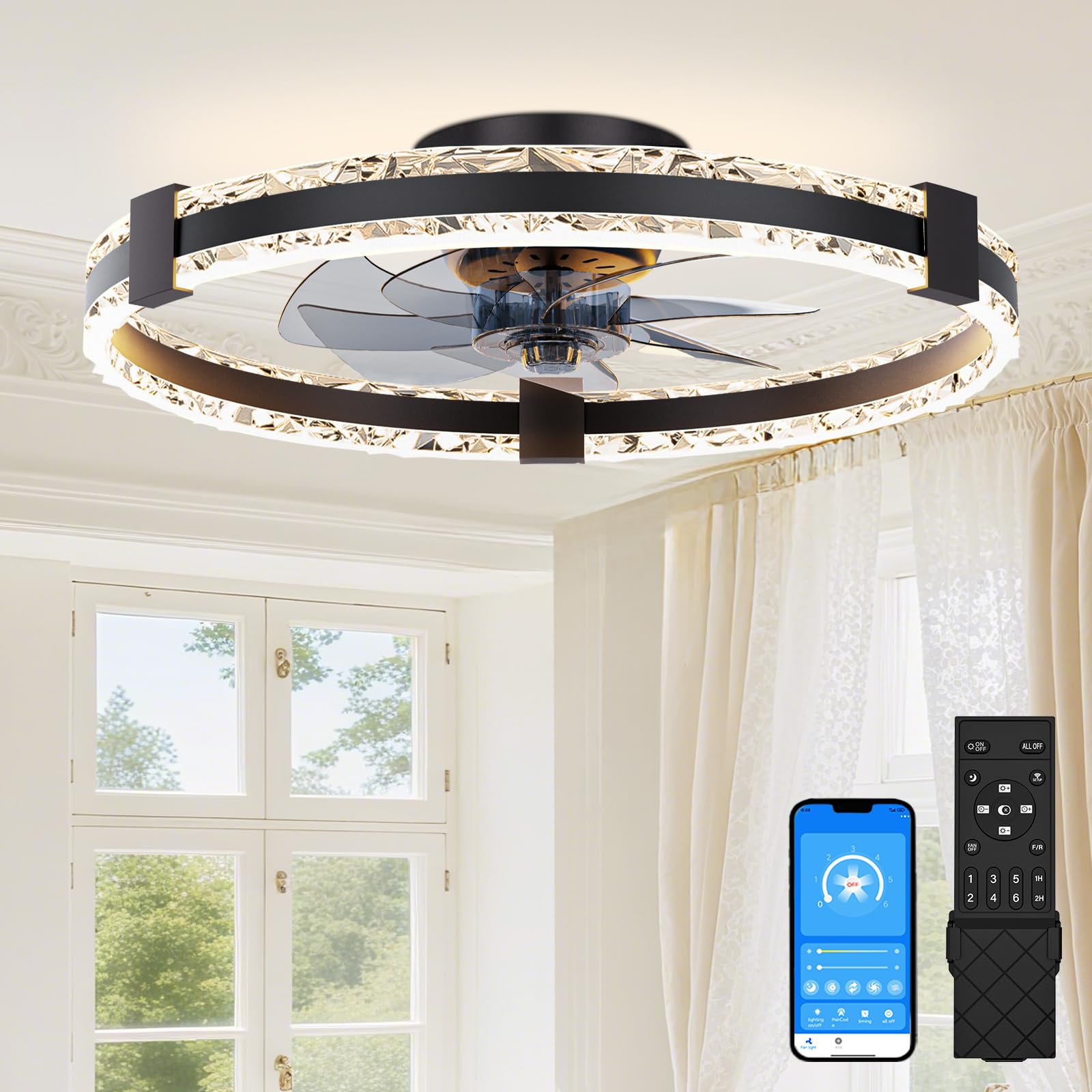 Sunkenet Black Ceiling Fans With Lights And Remote, 50Cm Led Fan Ceiling Light, 3000K-6500K Dimmable Smart Ceiling Fan Light, 6 Wind Speeds & Reversible, Queit Fan Light Ceiling For Bedroom