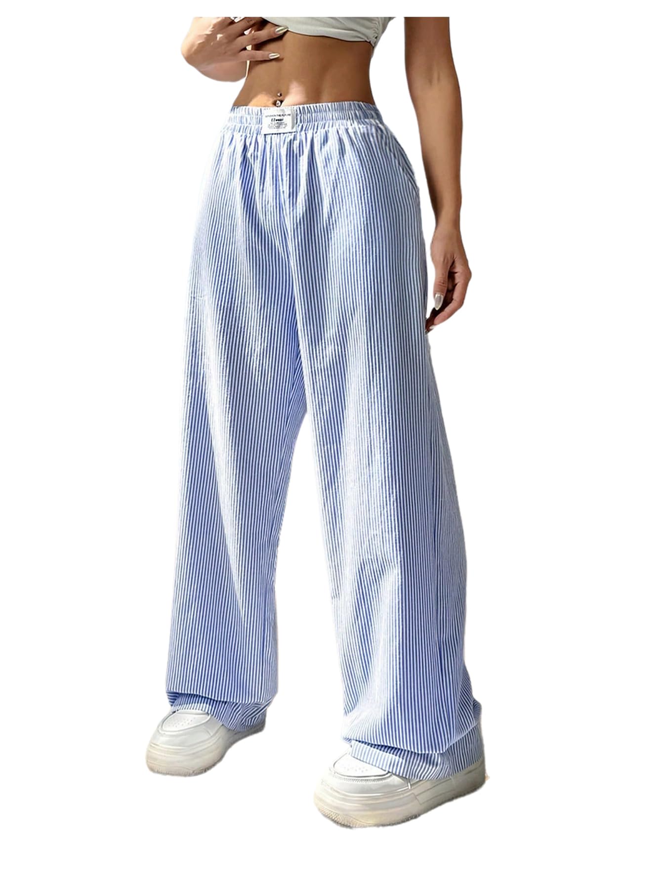 WDIRARA Womens Striped Print Straight Leg Pants Elastic Waist Casual Trousers with Pockets