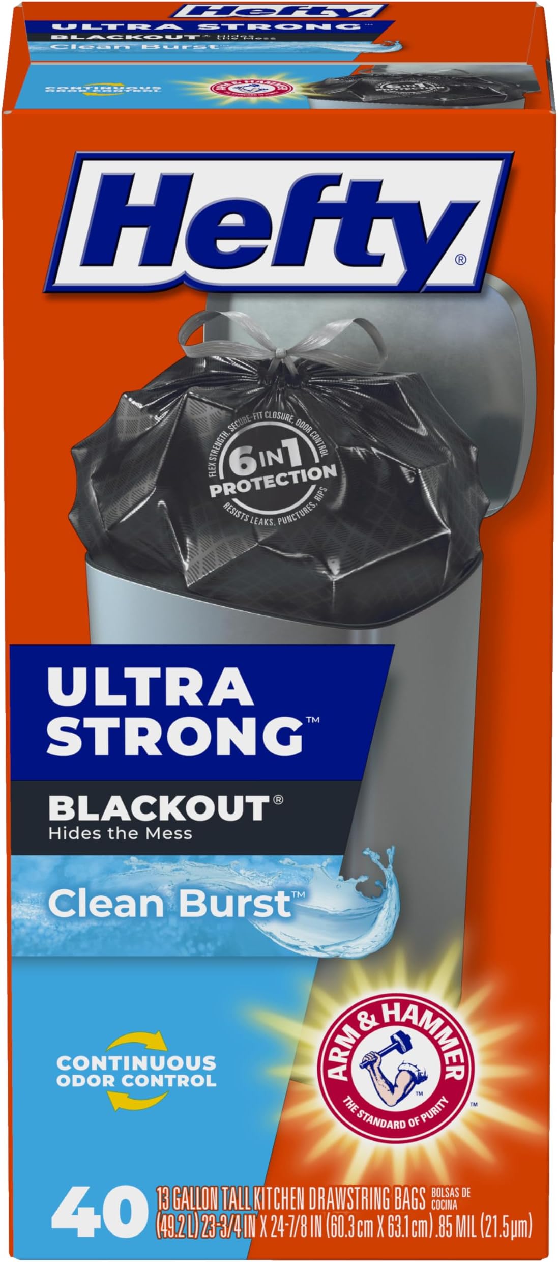 Hefty Ultra Strong 13 Gallon Trash Bags, Black Tall Kitchen Trash Bags 13 Gallon Size, Break Resistant Drawstring Enclosure, Continuous Odor Control, Blackout, Clean Burst Scent, 40 Bags