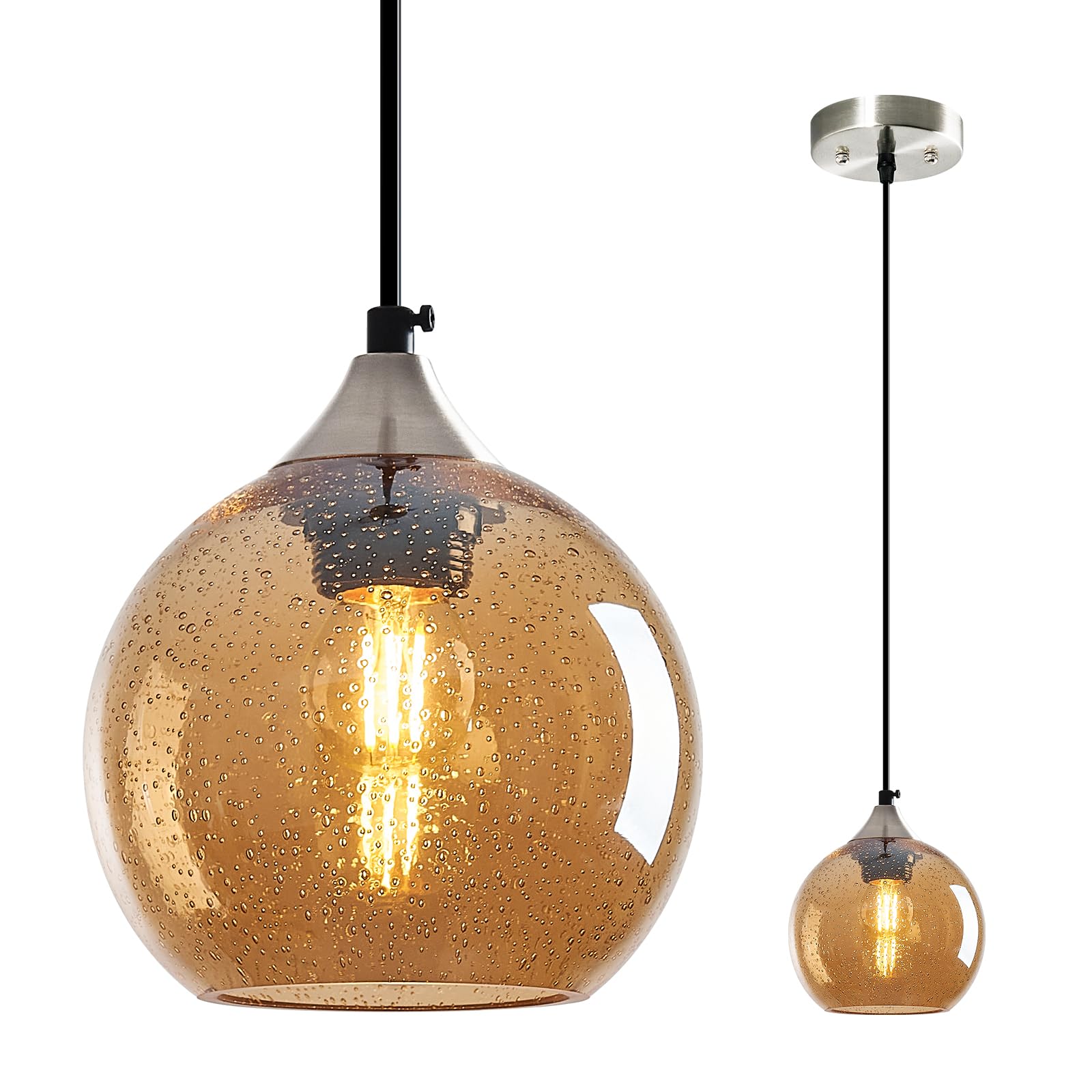 LBSQJ Amber Glass Pendant Lights Kitchen Island Globe Pendant Light Fixtures Modern Pendant Lighting for Bedroom Living Dining Room Light Fixture (5.9 in, 1 Pack)