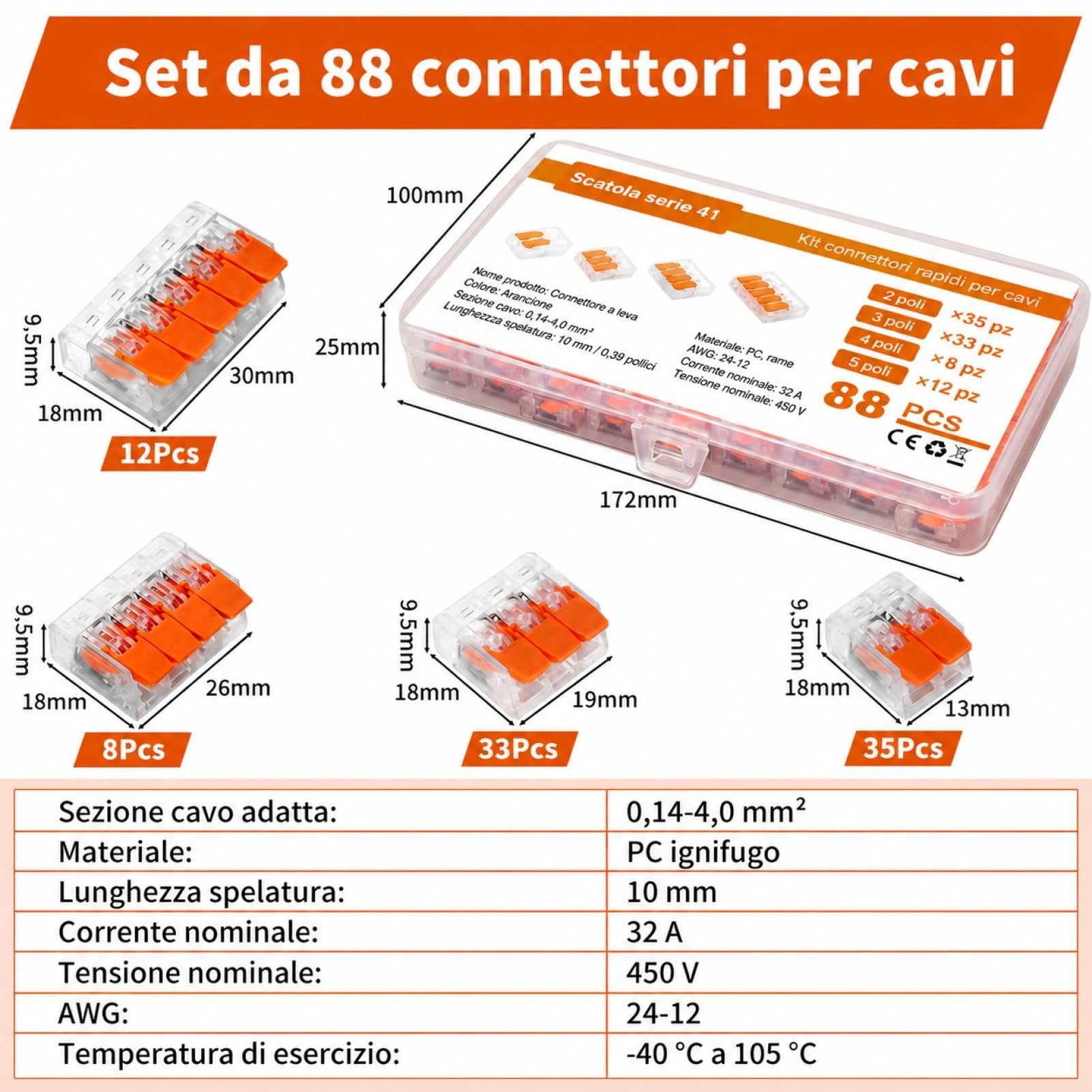 88 Morsetti per cavi elettrici, 2 Poli, 3 Poli, 4 Poli, 5 Poli, Morsetti elettrici con leva di azionamento, Morsetto di collegamento per cavi 0,14 – 4 mm², Morsetto per cavi fissi, 2 – 5 Conduttori