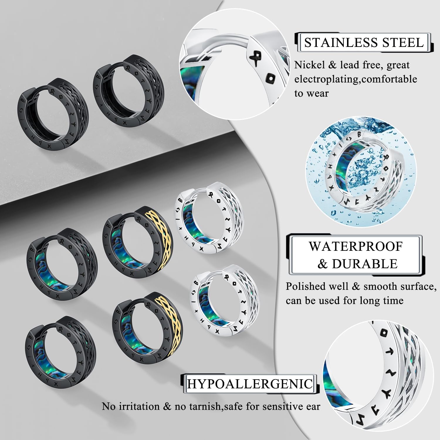 Viking Earrings Norse for Men Women 16mm 925 Sterling Silver Stainless Steel Huggie Rune Celtic Hoop Earring Viking Jewelry Gifts Sturdy Punk Hoop Earrings Silver Black