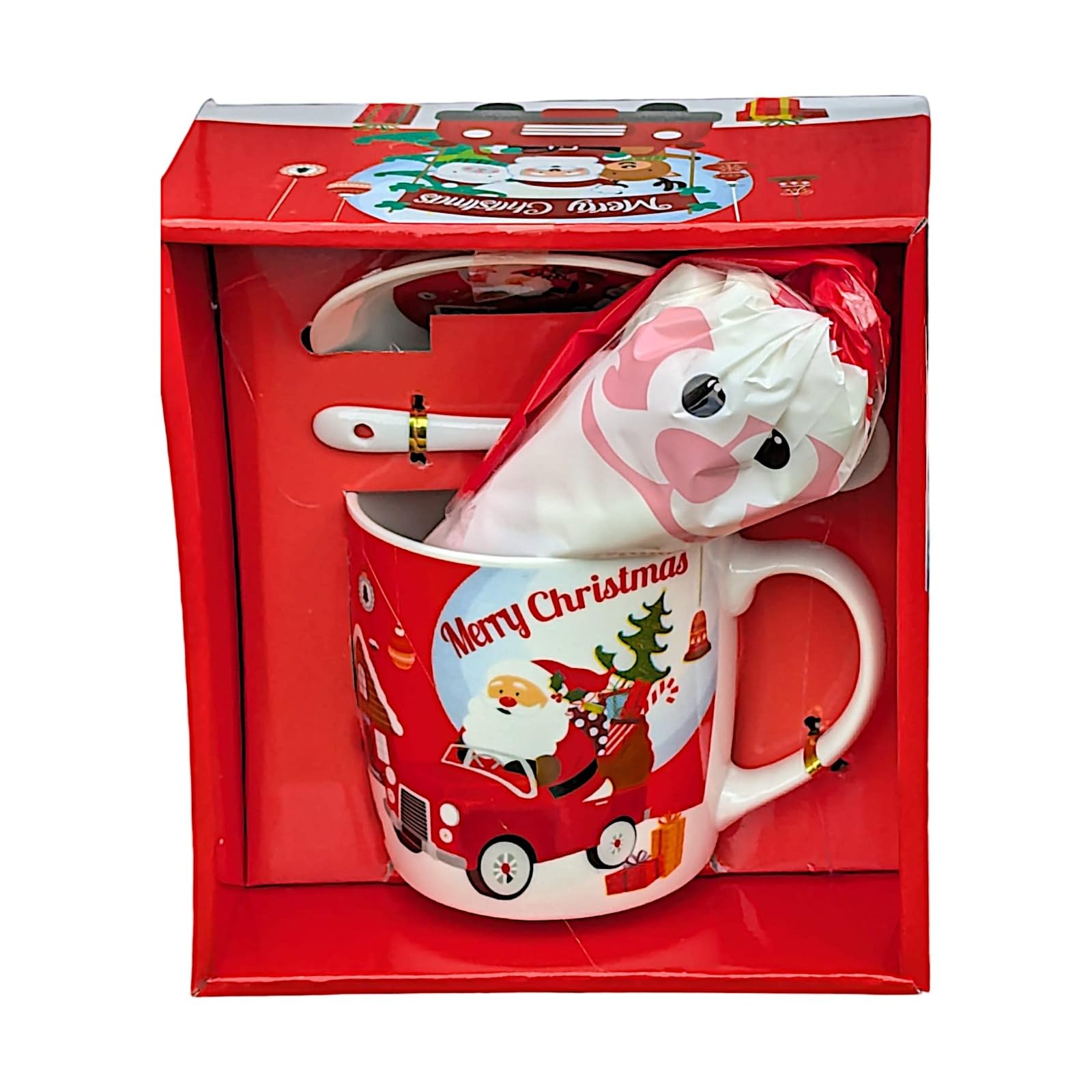 Divas World Christmas Ceramic Mug Set in Red Cylindrical Box 4 Assorted Styles with Mug Saucer Spoon & Marshmallow with 300ml Merry Christmas Printed (One Size, Style 2 (HK2174B))