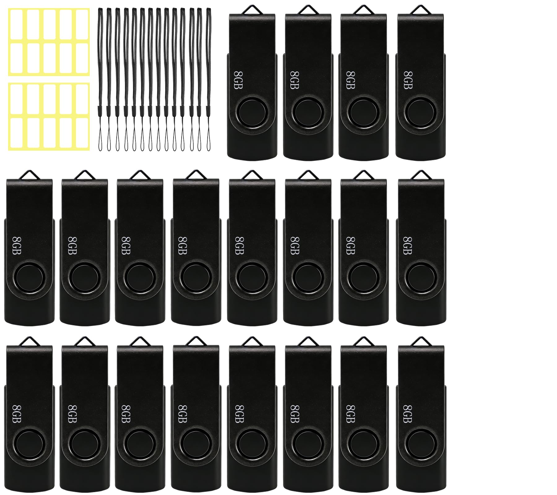 8GB USB Flash Drive 20 Pack Nicepicten Bulk USB 2.0 Thumb Drive FAT32 Flash Drives Multipack Swivel Jump Zip Drive USB Memory Stick with Label & Lanyards (8GB Black)
