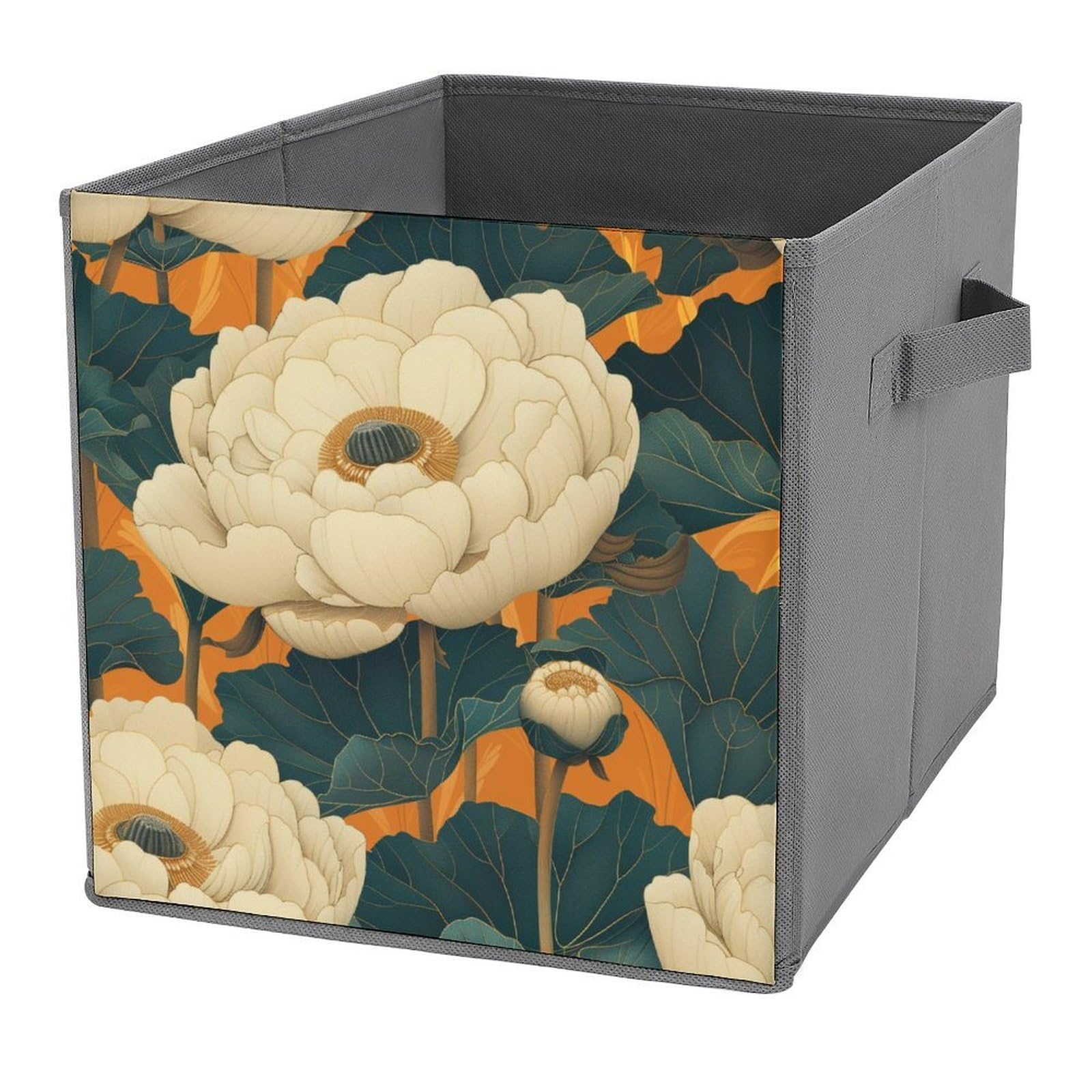 Jubonexis Elegant Botanical Blooming Tea Flowers Cube Storage Bins Storage Cubes Foldable Decorative Fabric Storage Baskets Home Organizers with Handles for Shelves,Closet, 27x27 CM
