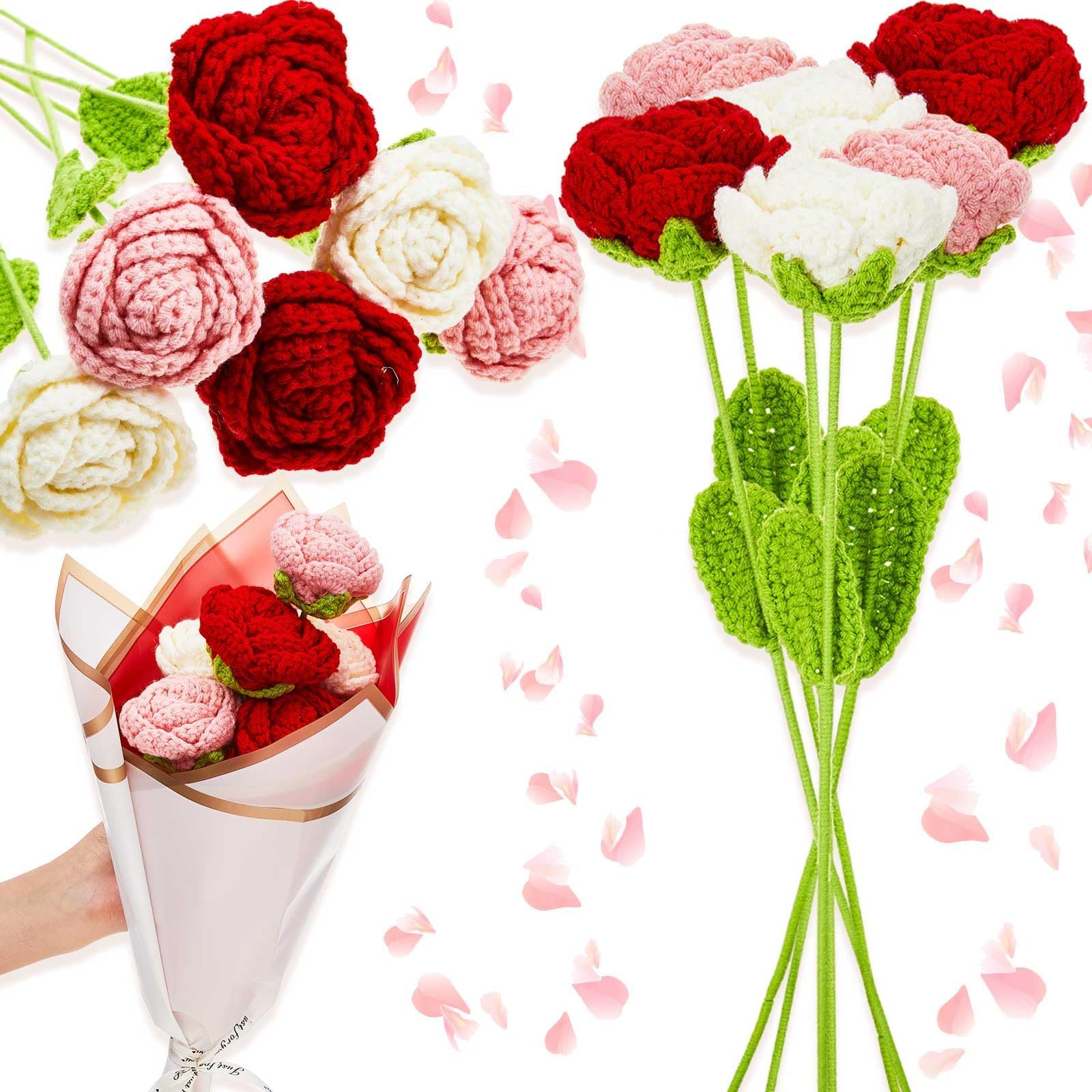Pink Crochet Roses Amazon.com: Emivery Crochet Rose Flowers, 7PCS Crochet Flower Bouquet ...