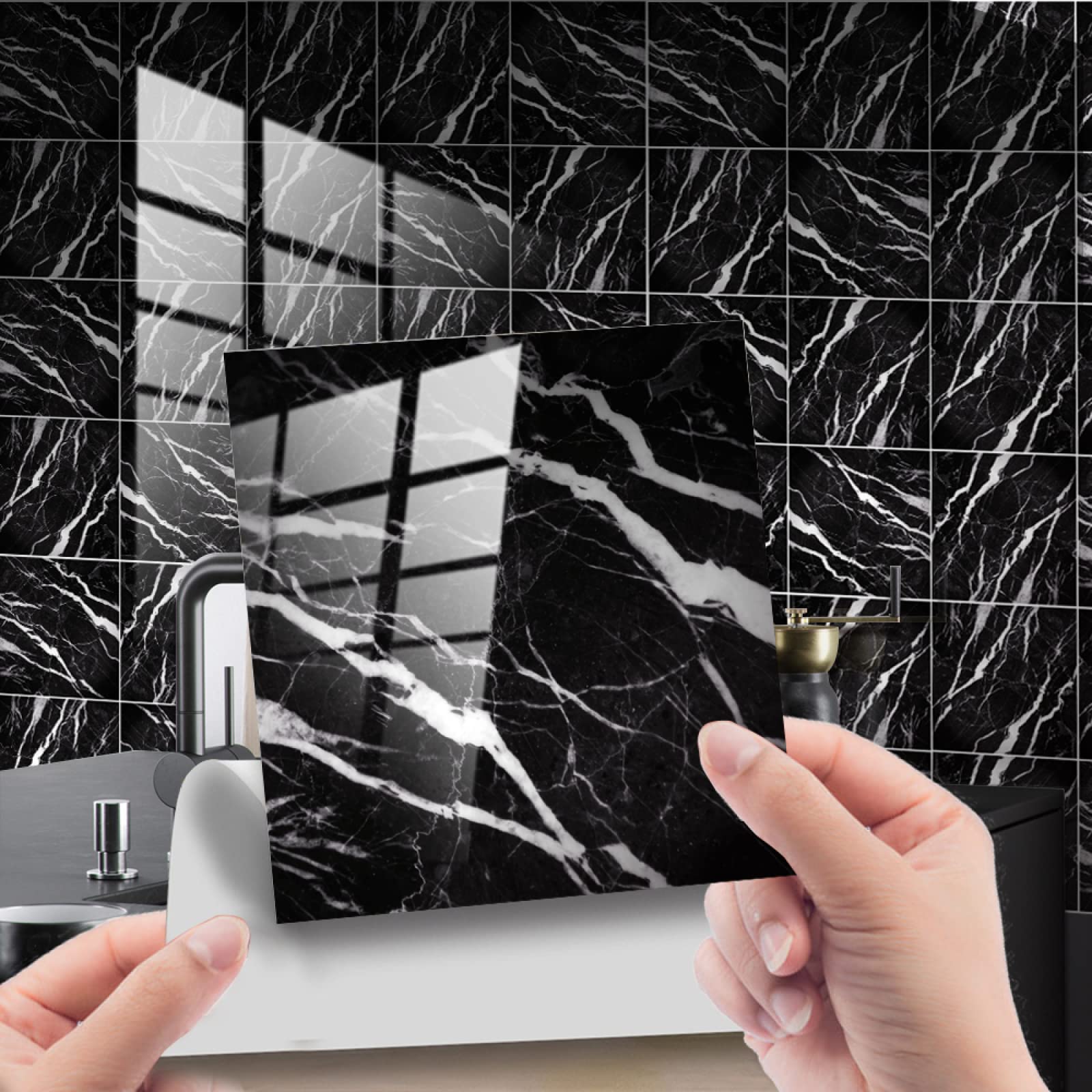 Tile Stickers Black White Marble Peel and Stick Wallpaper Self Adhesive Wall Tiles Home Decoration DIY on for Kitchen Bathroom Stairs 10 Pcs(20x20cm)