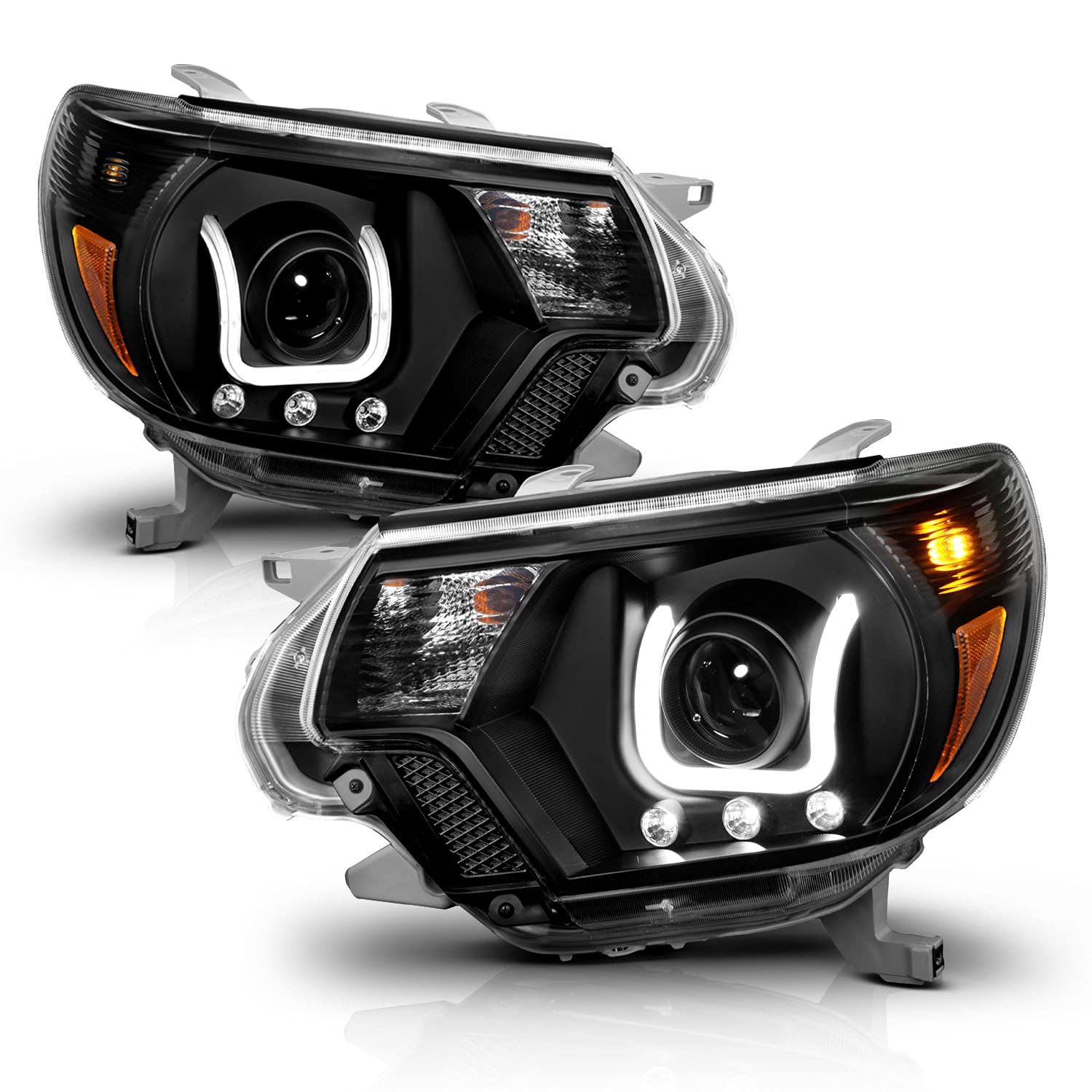 AmeriLite for 2012-2015 Toyota Tacoma Clear Black U-type LED Bar Projector Replacement Headlights Assembly Set - Passenger & Driver Side