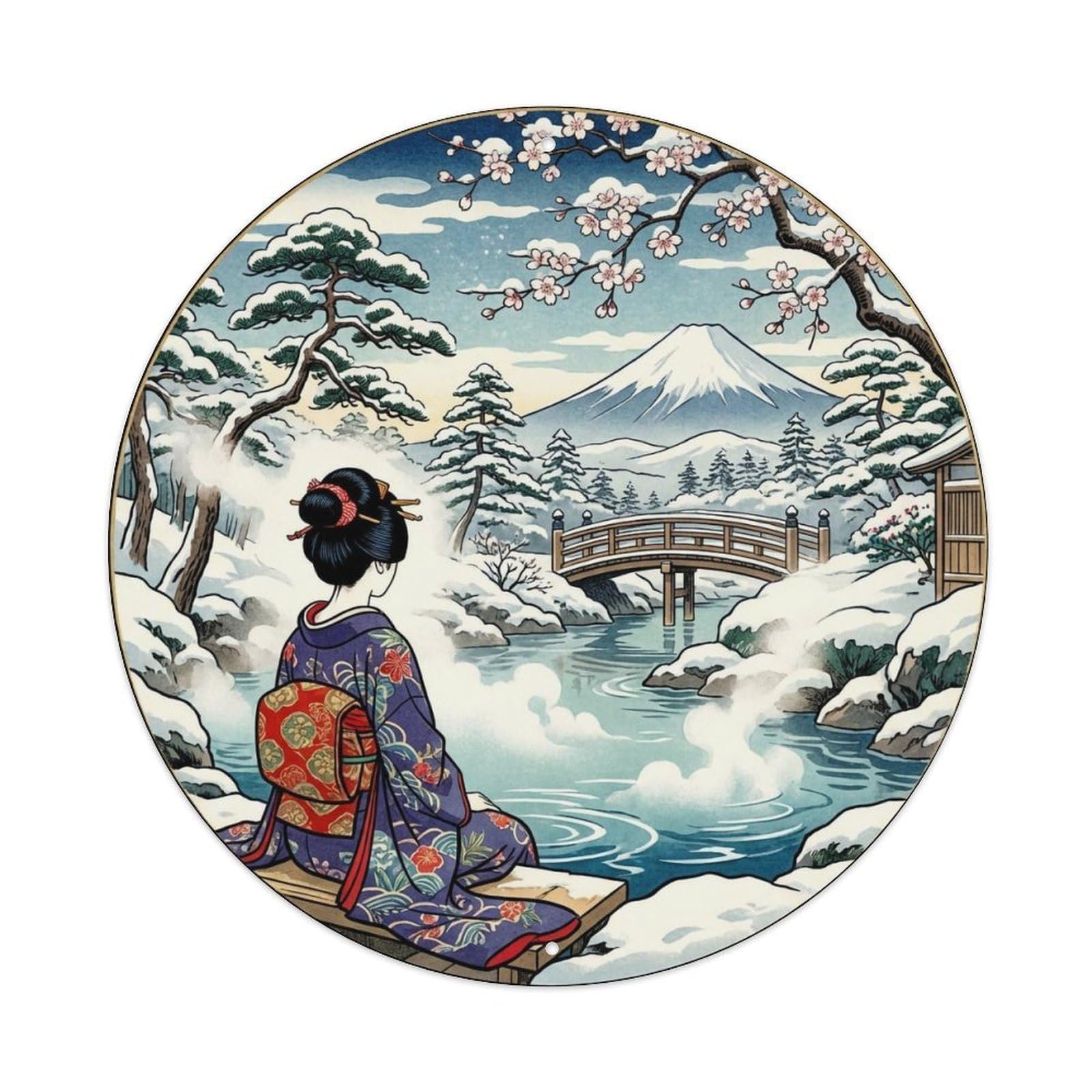 Yrnq 8X8inch Vintage Style Japanese Hot Spring Snow Geisha Viewing Metal Tin Sign