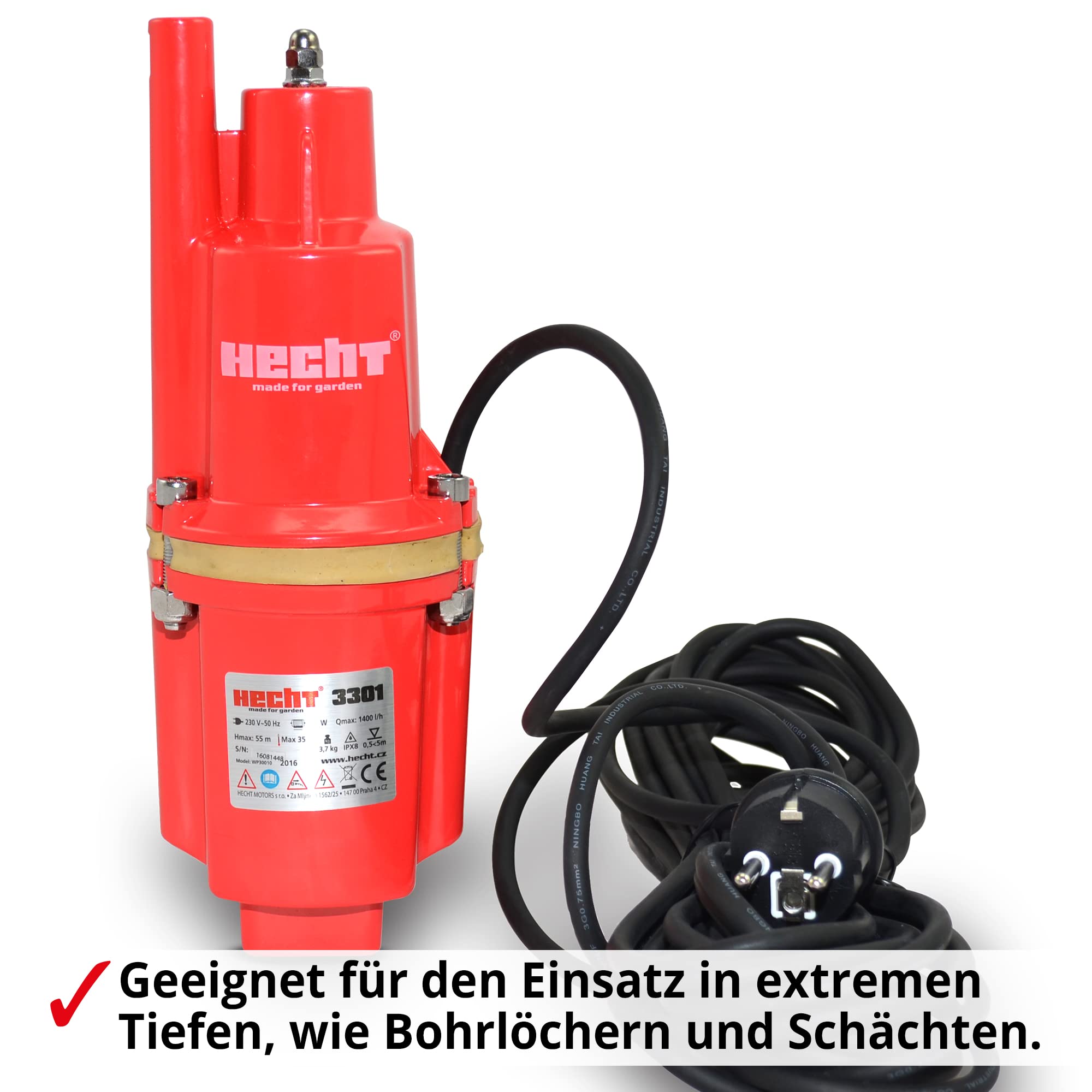 HECHT Tiefbrunnenpumpe – 260 Watt / 230v -240 v – 70 m Förderhöhe – 1400 l/h Fördermenge Wasser – Membranpumpe Tauchpumpe Zisternenpumpe Tiefenpumpe – Tauch Tiefe flach 0,5 m - 5 m