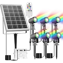 CLV 6 in 1 Solar RGB Spotlights Outdoor Garden Colour Changing Spike Lights | LED RGB Solar Powered Spotlights IP66 Landscape Spotlight Remote Control Dusk to Dawn for Garden Lawn Patio Balcony [Energy Class A]