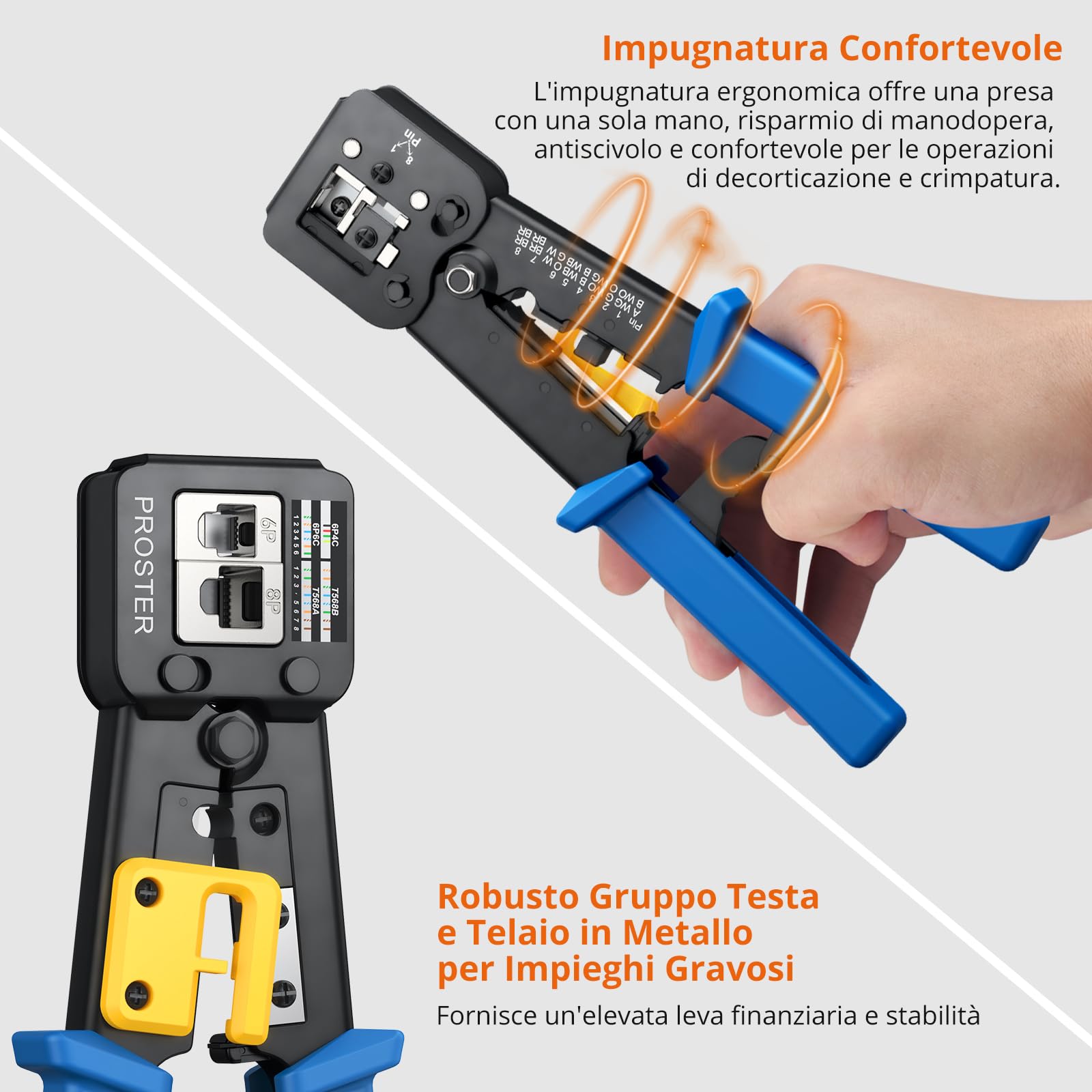 Proster Kit di Strumenti a Crimpare RJ45 Strumento a Crimpare Passante RJ45 per Cavo di Rete CAT5 CAT5e CAT6 8P e Cavi Telefonici RJ11 RJ12 6P con Tester 50pz Connettori CAT6 e Coperture Protettive