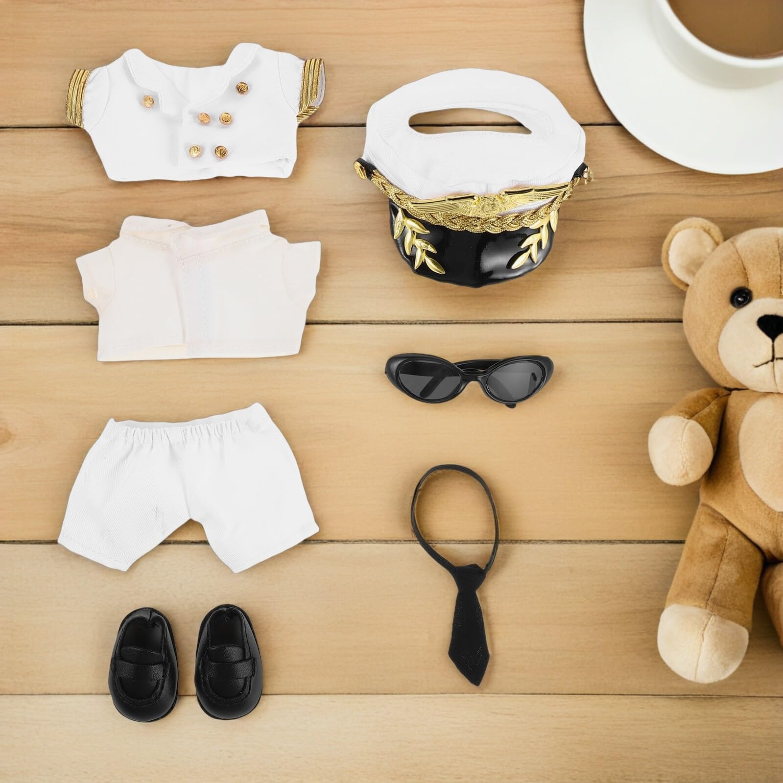 Gatuida Juego de Ropa de Piloto para Muñecas Pequeños Traje de Capitán Accesorios Decorativos y Negro Ropa Reutilizable de Peluche para Disfraz y Juego de Roles