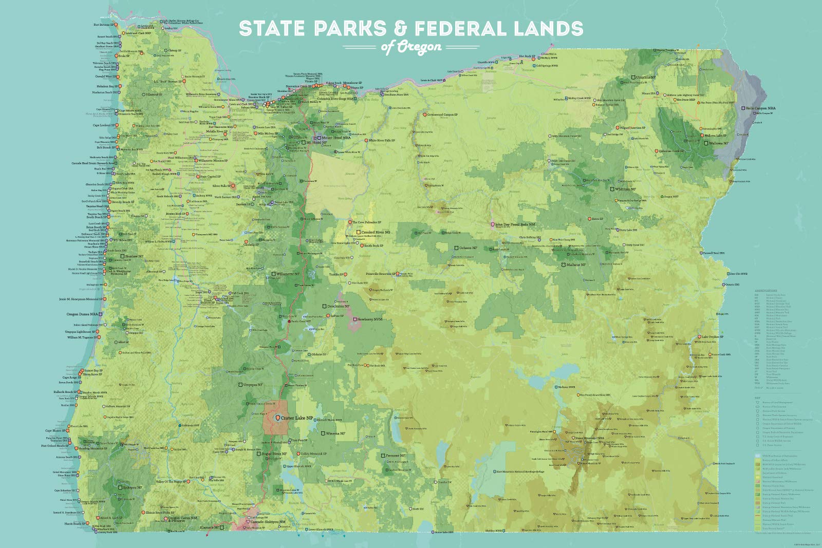 Oregon State Parks & Federal Lands Map 24x36 Poster (Green & Aqua)